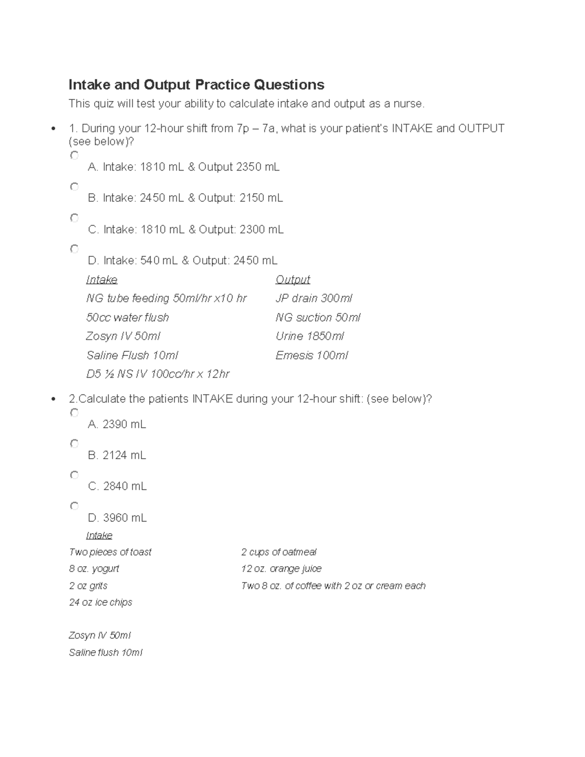 I & O Activity student version - Intake and Output Practice Questions ...