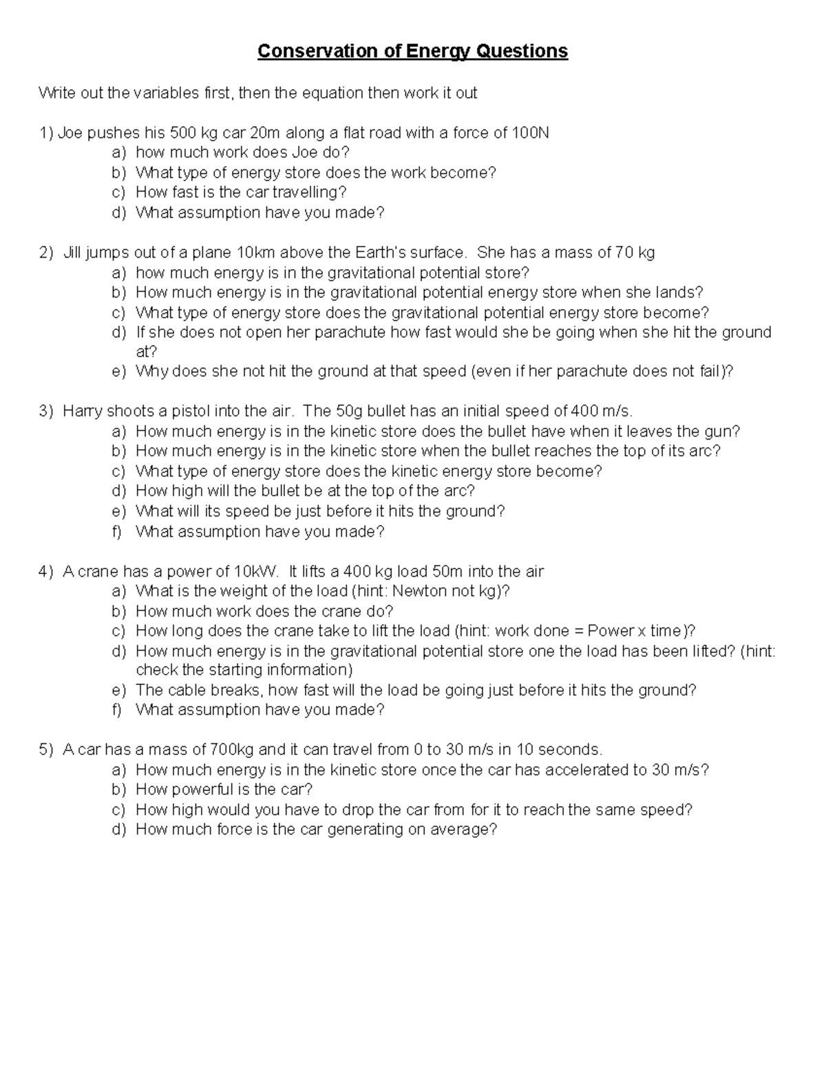 Conservation of Energy Worksheet (Questions 1-5) - Studocu