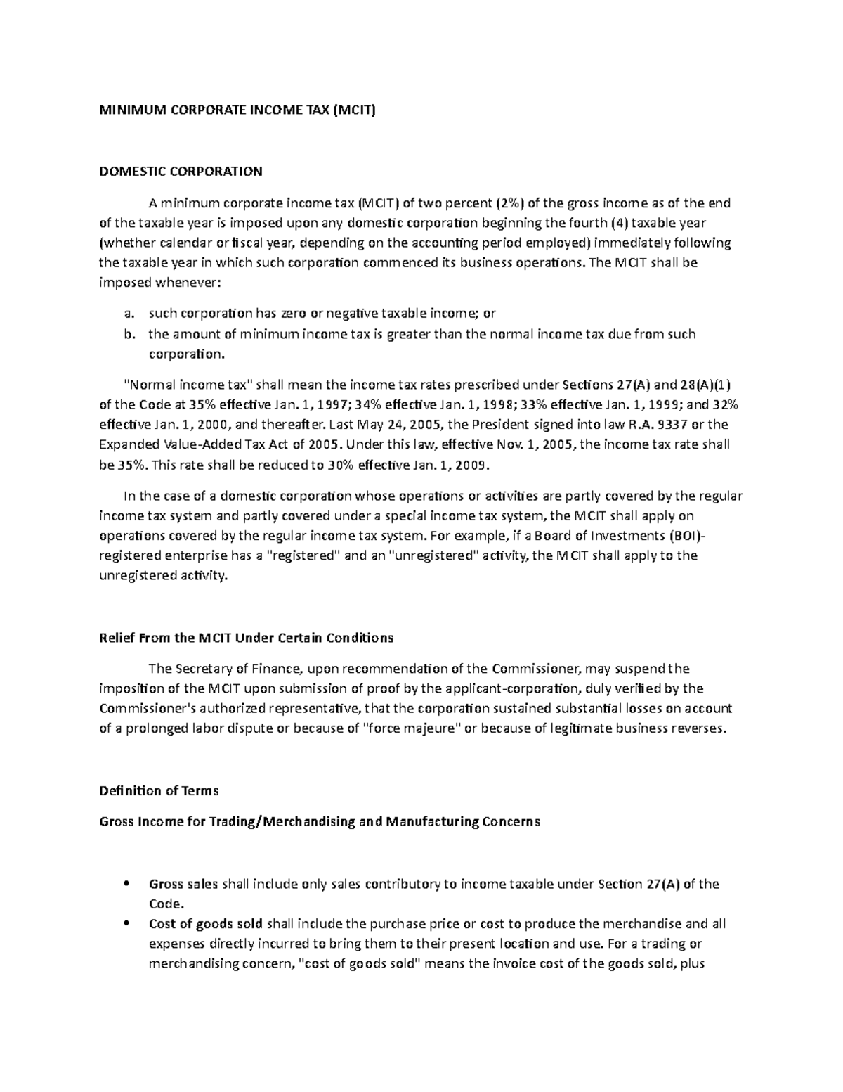 Minimum Corporate Income TAX - MINIMUM CORPORATE INCOME TAX (MCIT ...