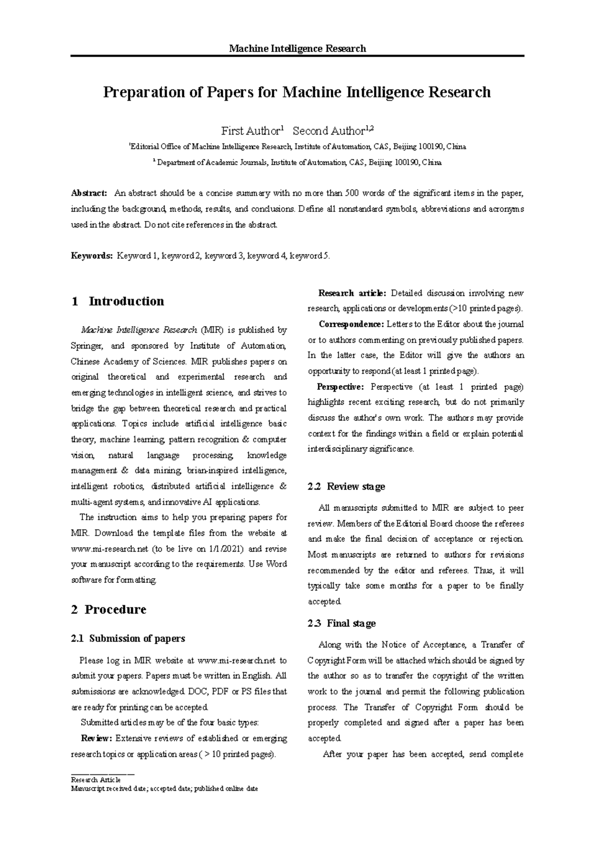 Preparation of Papers for Machine Intelligence Research (MIR) - Studocu