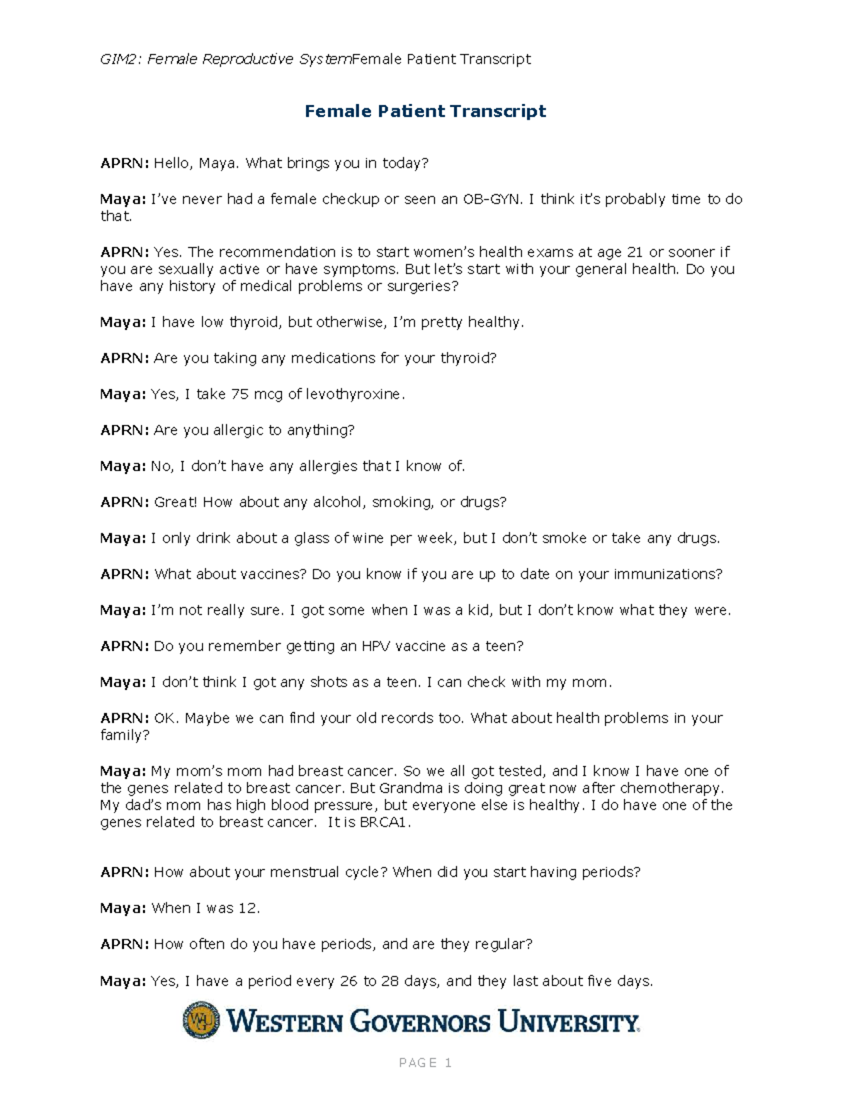 GIM2: Female Patient Transcript on Reproductive Health Exam - Studocu