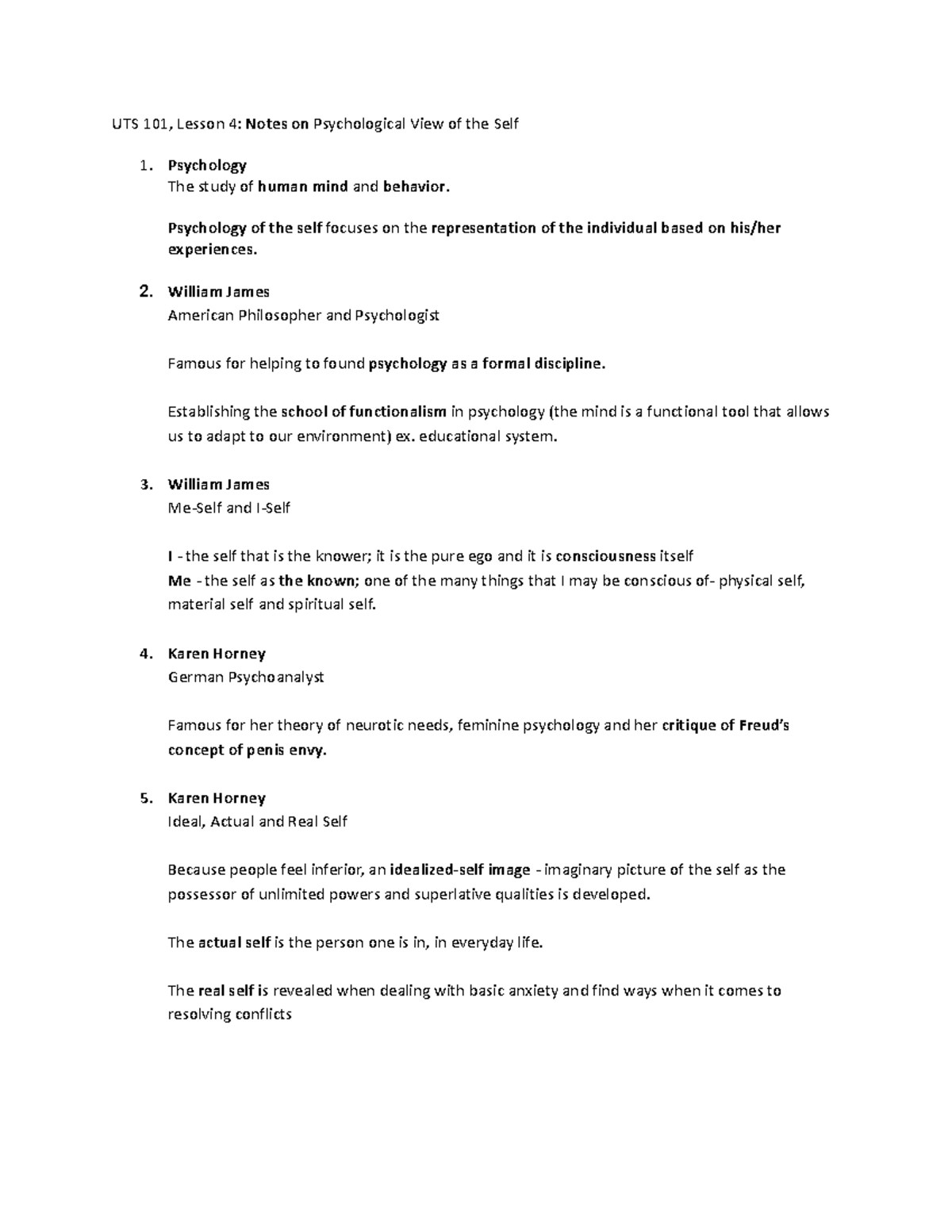 UTS 101: Lesson 4 Notes on the Psychological View of the Self - Studocu