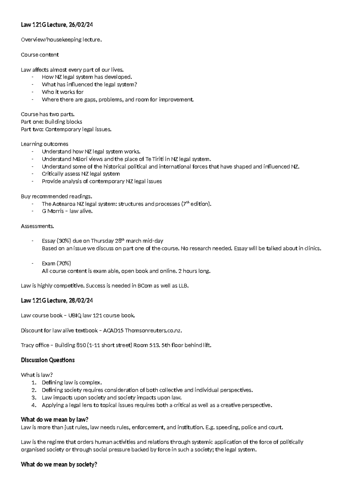 Law 121G Lecture Notes: Understanding NZ Legal System and History - Studocu