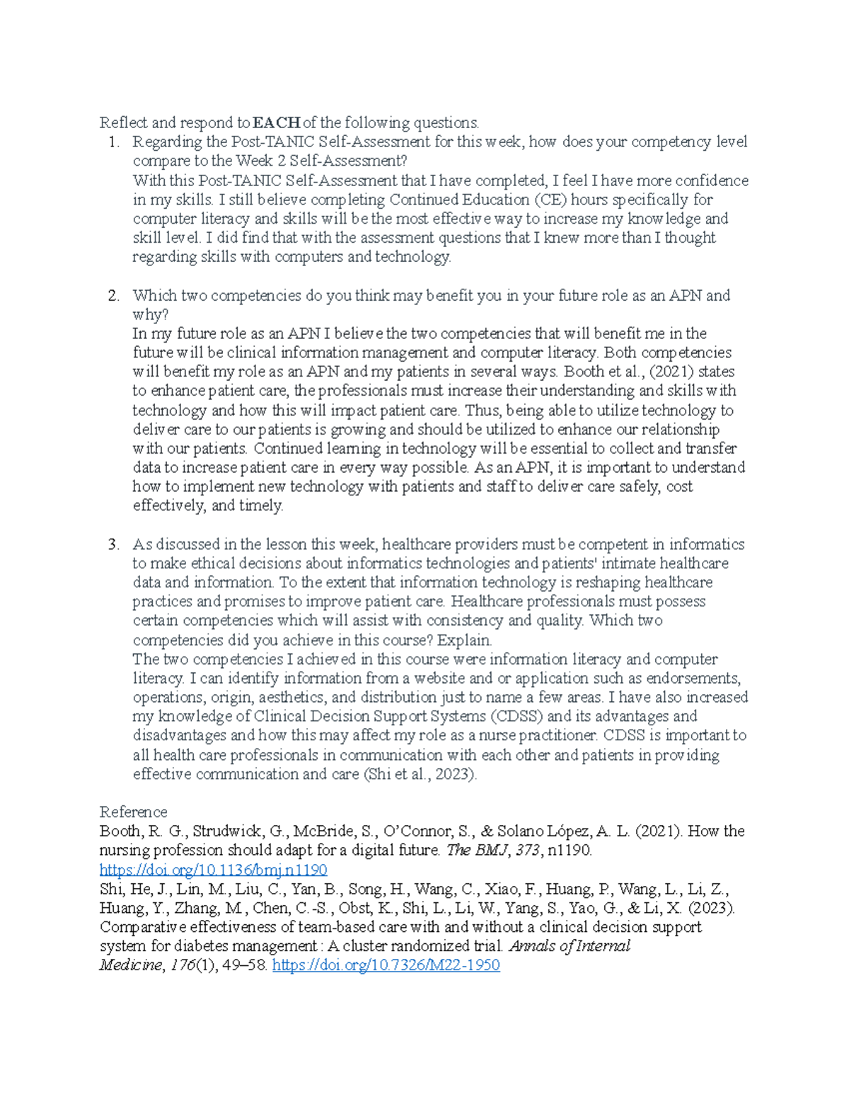 NR 599 week 7 - post TANIC self-assessment - Reflect and respond to ...