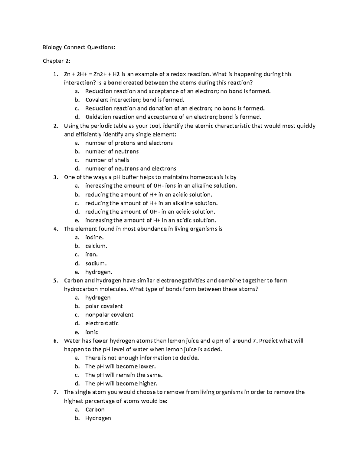 Bio Practice Questions: Chapter 2 to Chapter 11 Review - Studocu