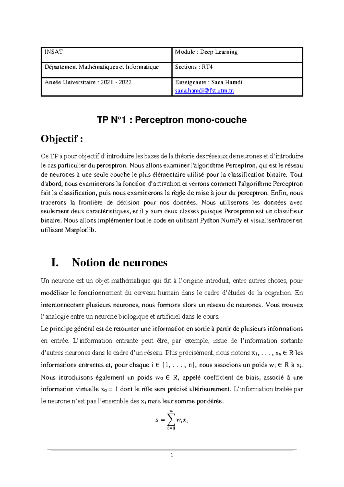 TP1 : Perceptron et Classification Binaire en Deep Learning - Studocu