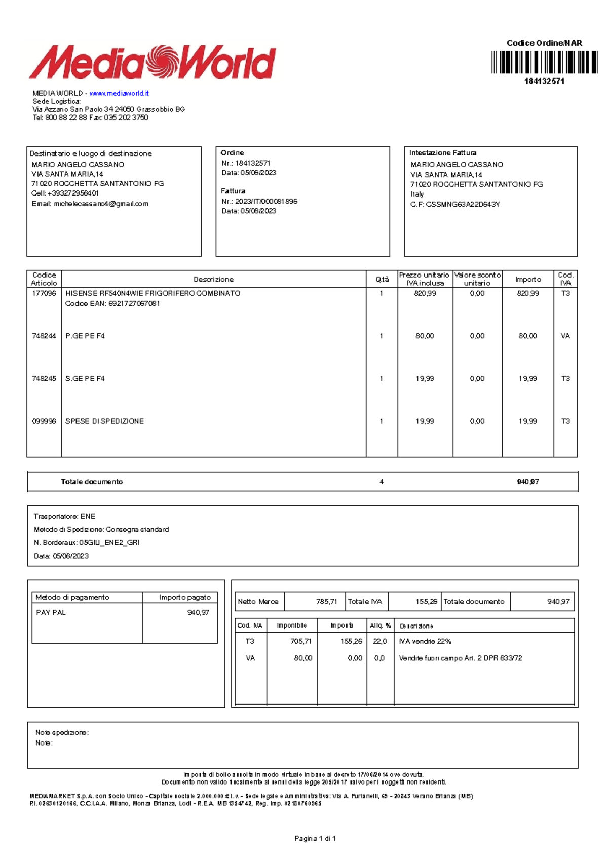 Invoice 184132571 - Media World Purchase Details - Studocu