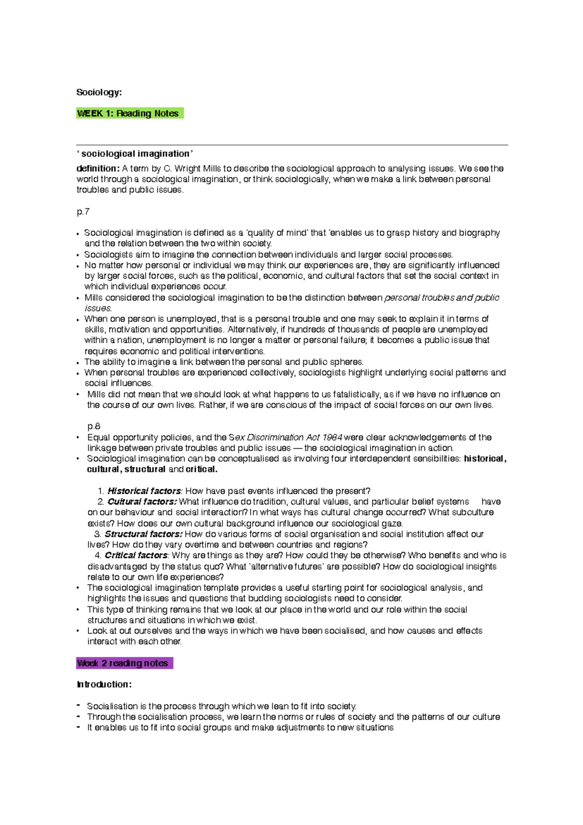 WEEK 1 SOCY101 Reading Notes on Sociological Imagination and ...