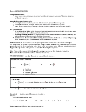 Sequence - MODULE - SEQUENCE, SERIES, AND PATTERNS Topic: ARITHMETIC ...