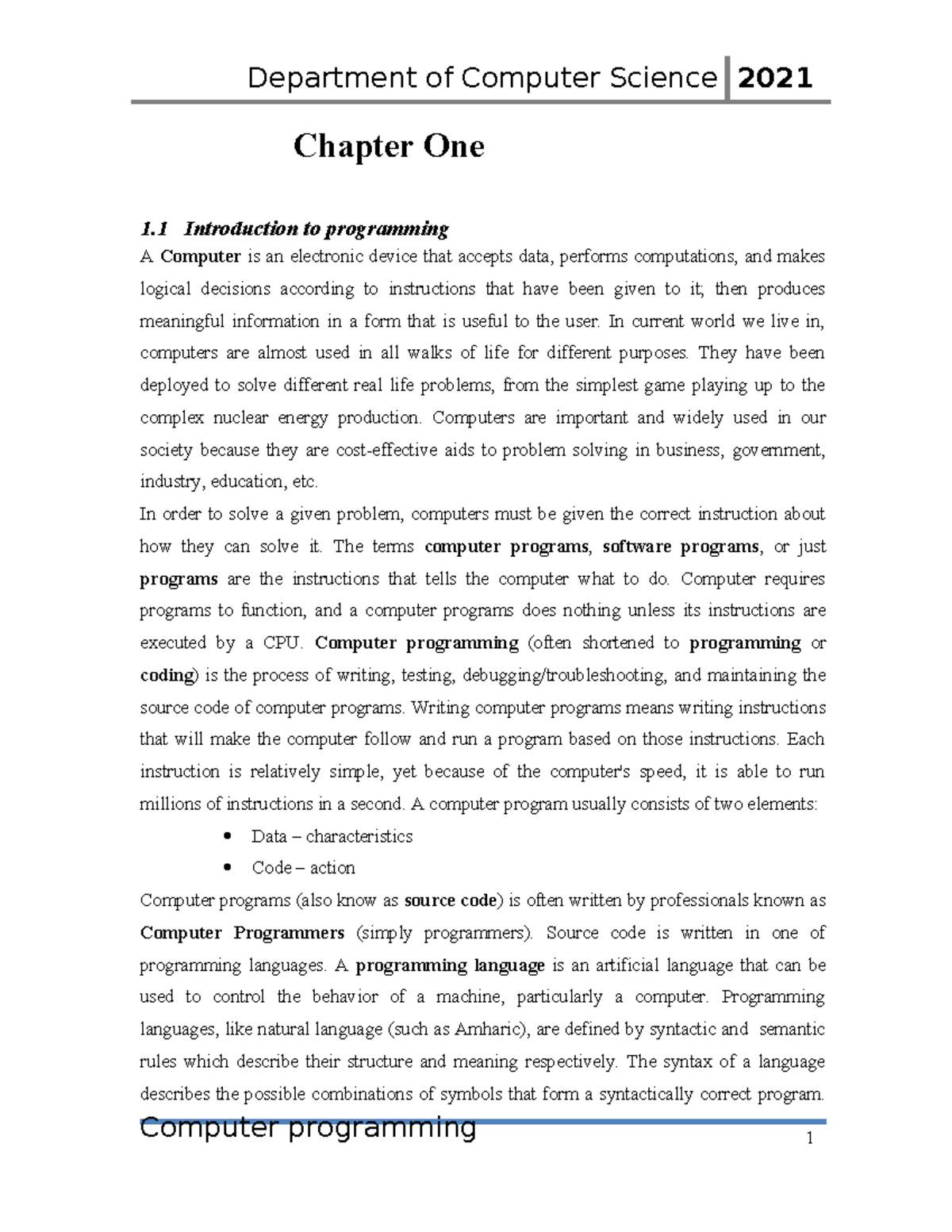 CS 2021 Chapter 1: Introduction to Computer Programming - Studocu