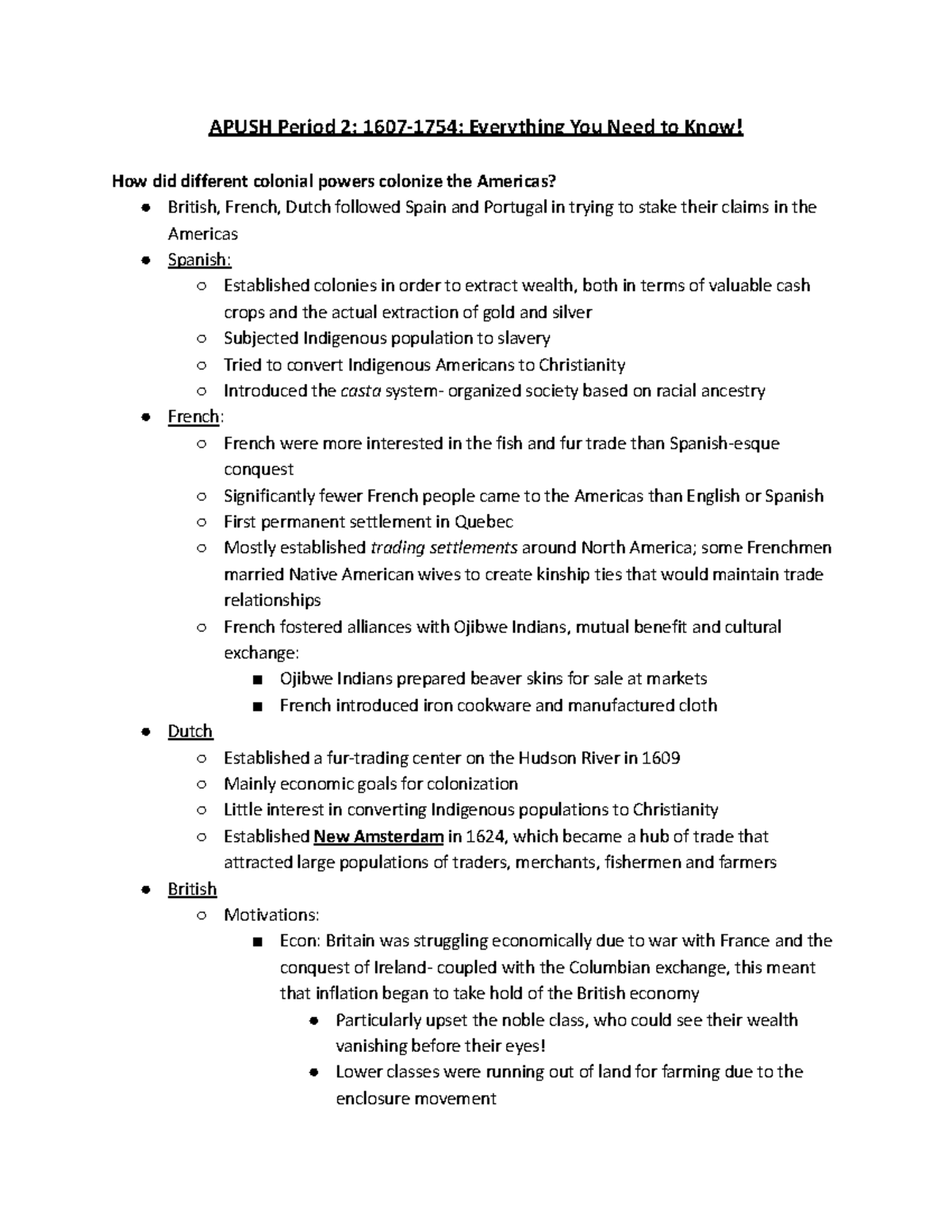 APUSH Period 2 1607-1754 - Study Guide - APUSH Period 2: 1607-1754