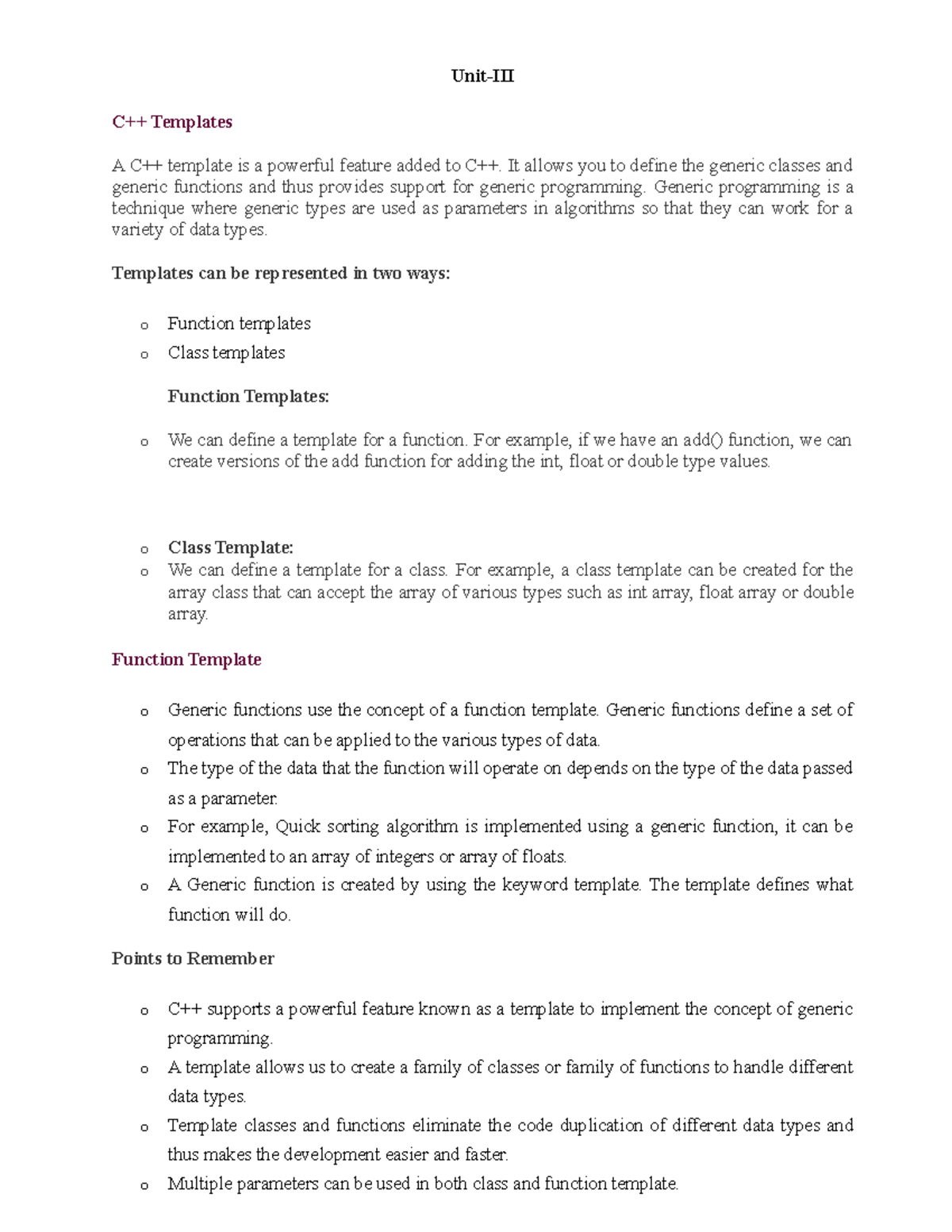 OOP Unit IV - C++ Templates and Function Overloading Notes - Studocu
