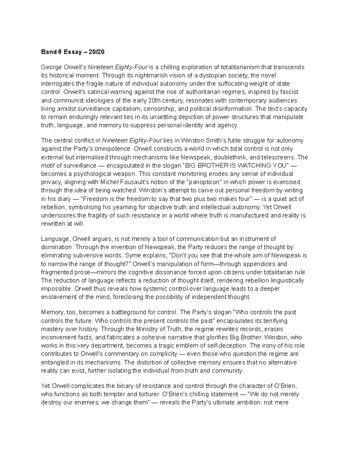 ENG 101: Final Essay on Orwell's Nineteen Eighty-Four and ...