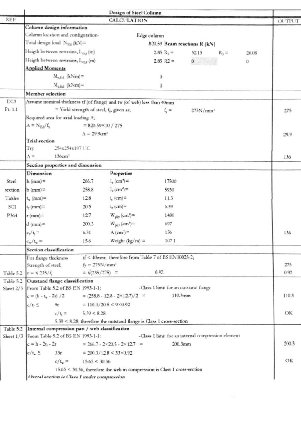 Design of Steel Column: Calculation Output for Structural Analysis ...