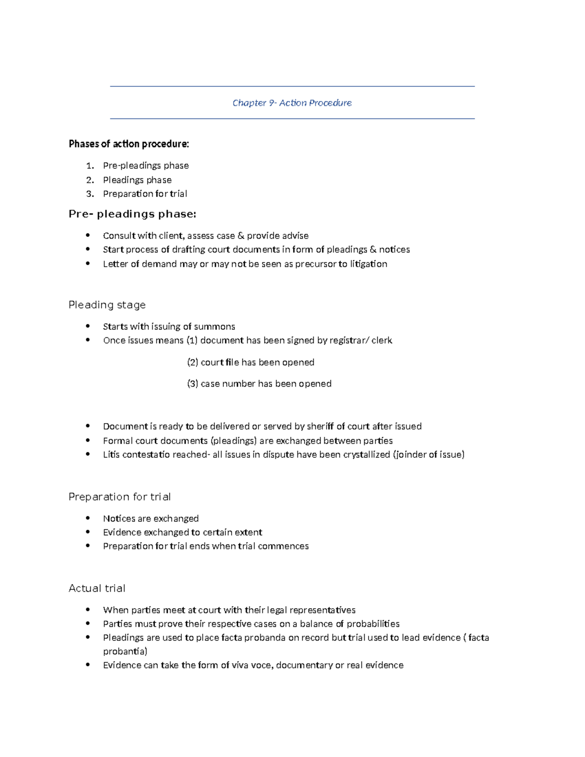 Civil Procedure - Unit 9: Detailed Analysis of Action Procedure - Studocu