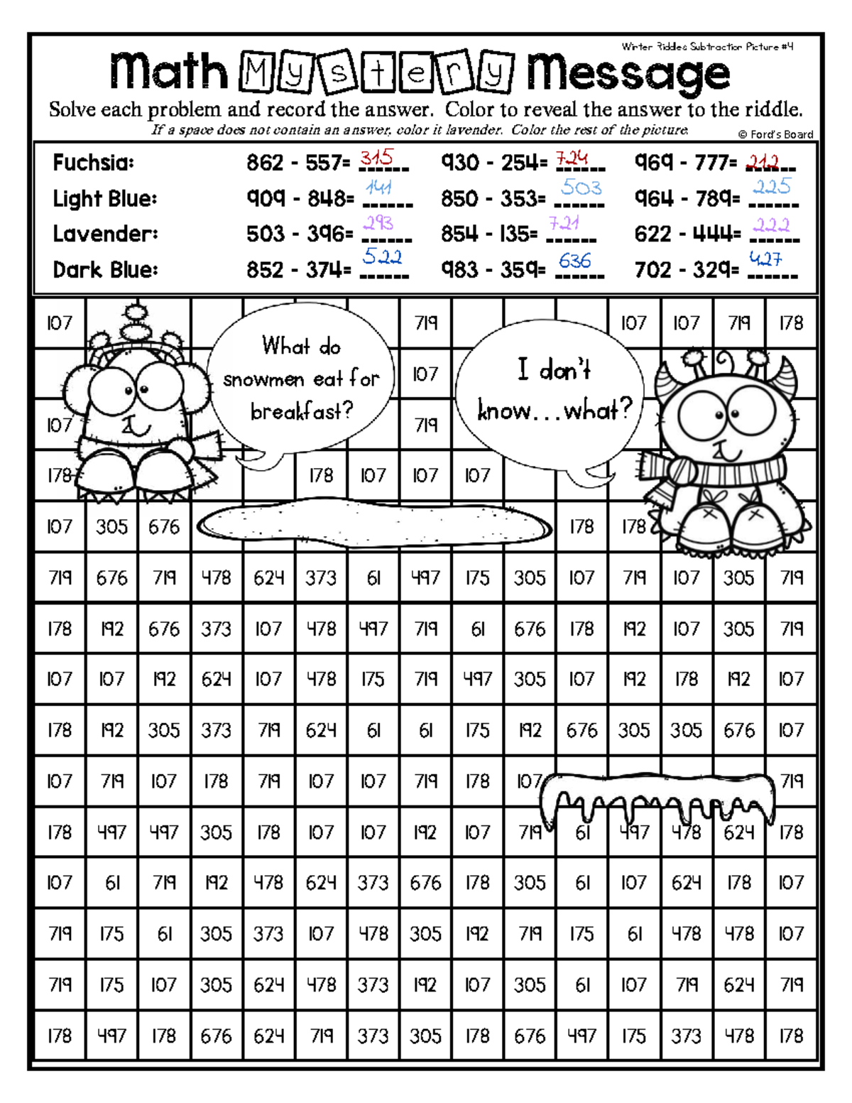 Winter Riddles: Subtraction Picture Math Mystery Message - Studocu