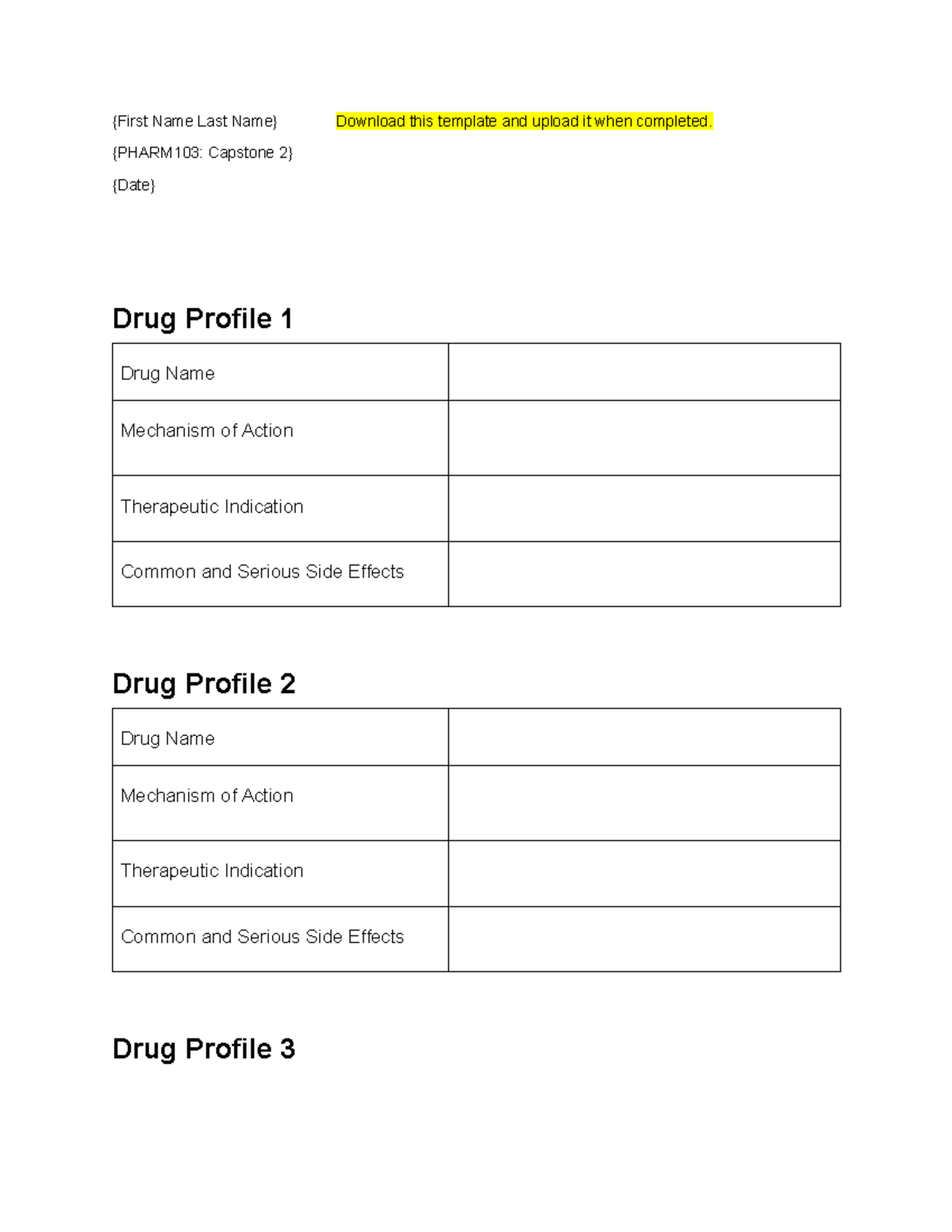 Pharm 103 Capstone Drug Profile Template - Studocu