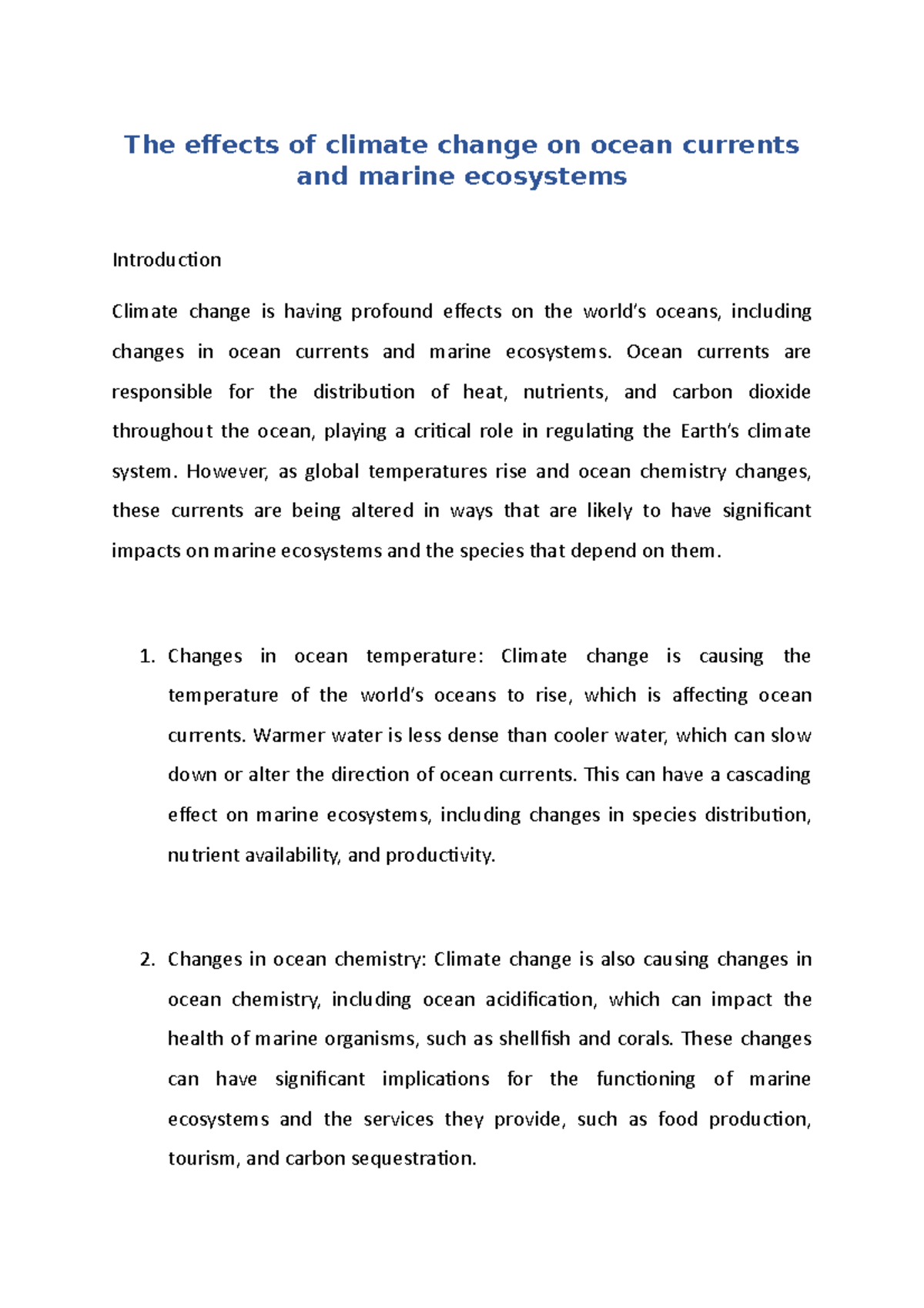 The Impacts of Climate Change on Ocean Currents and Marine Ecosystems ...