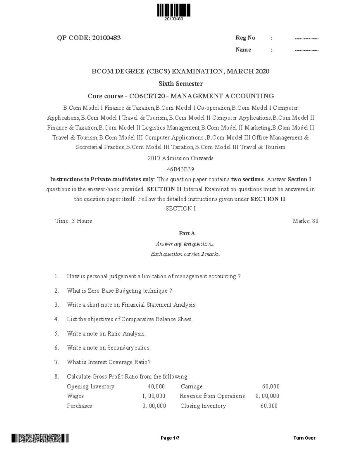 20100483 B.Com Management Accounting Exam Paper - March 2020 - Studocu