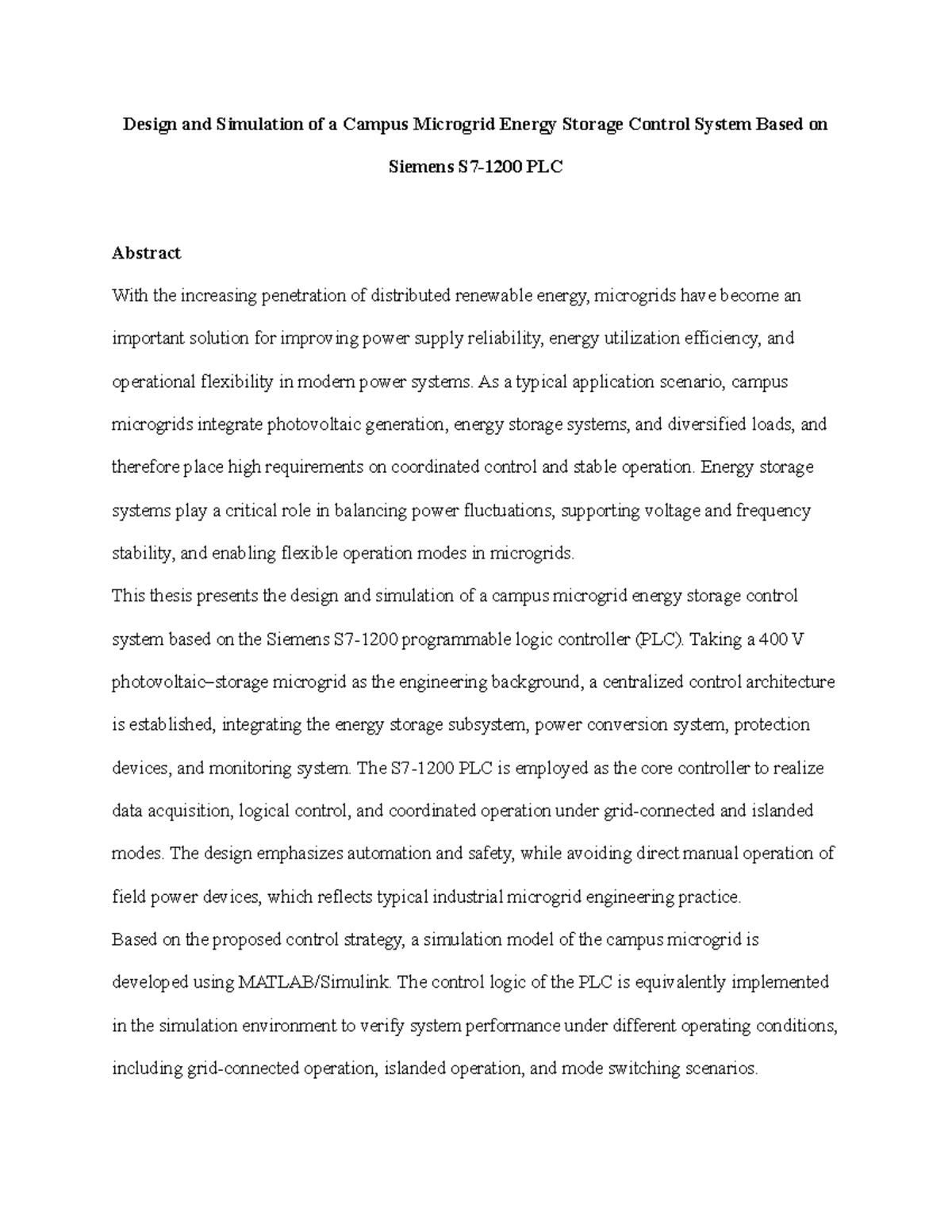 Design and Simulation of Campus Microgrid Energy Storage Control System ...