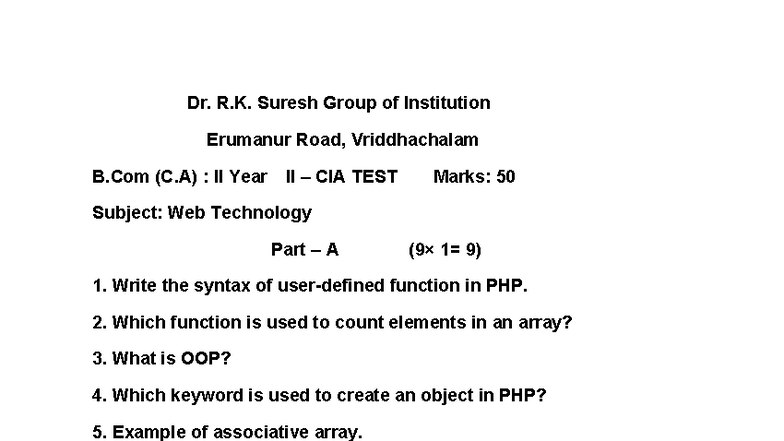 B.Com (C.A) II Year II CIA Test: Web Technology Questions (50 Marks ...