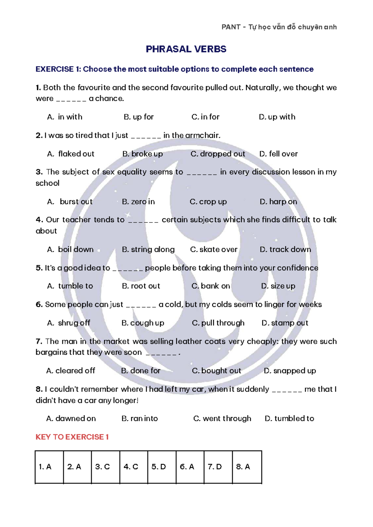 PANT Phrasal Verbs Exercises and Answers - TBNgoc - Studocu