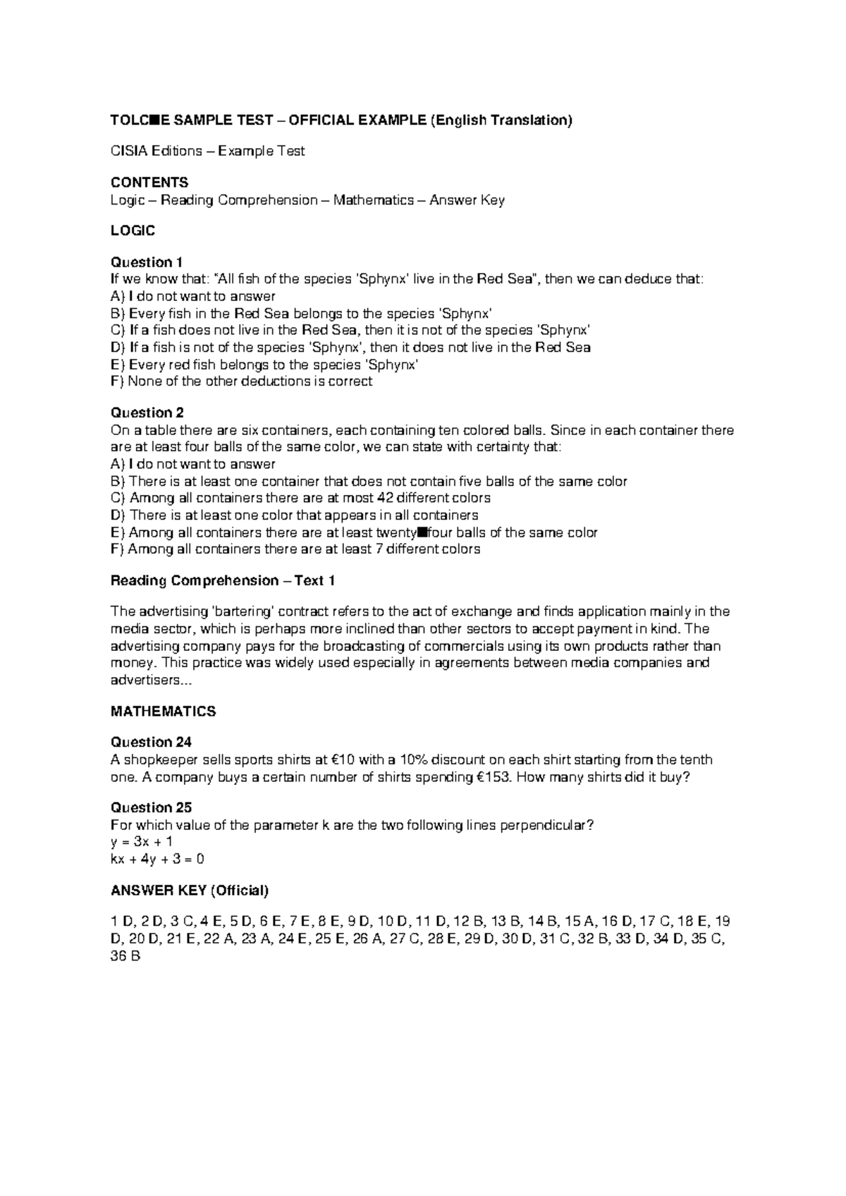 TOLC-E Sample Test Official Example (English Translation) - Studocu