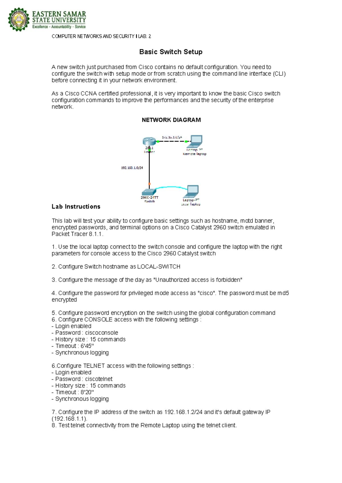 CNS 105 Lab 5 - Configuring Port Security on Cisco Switches - Studocu