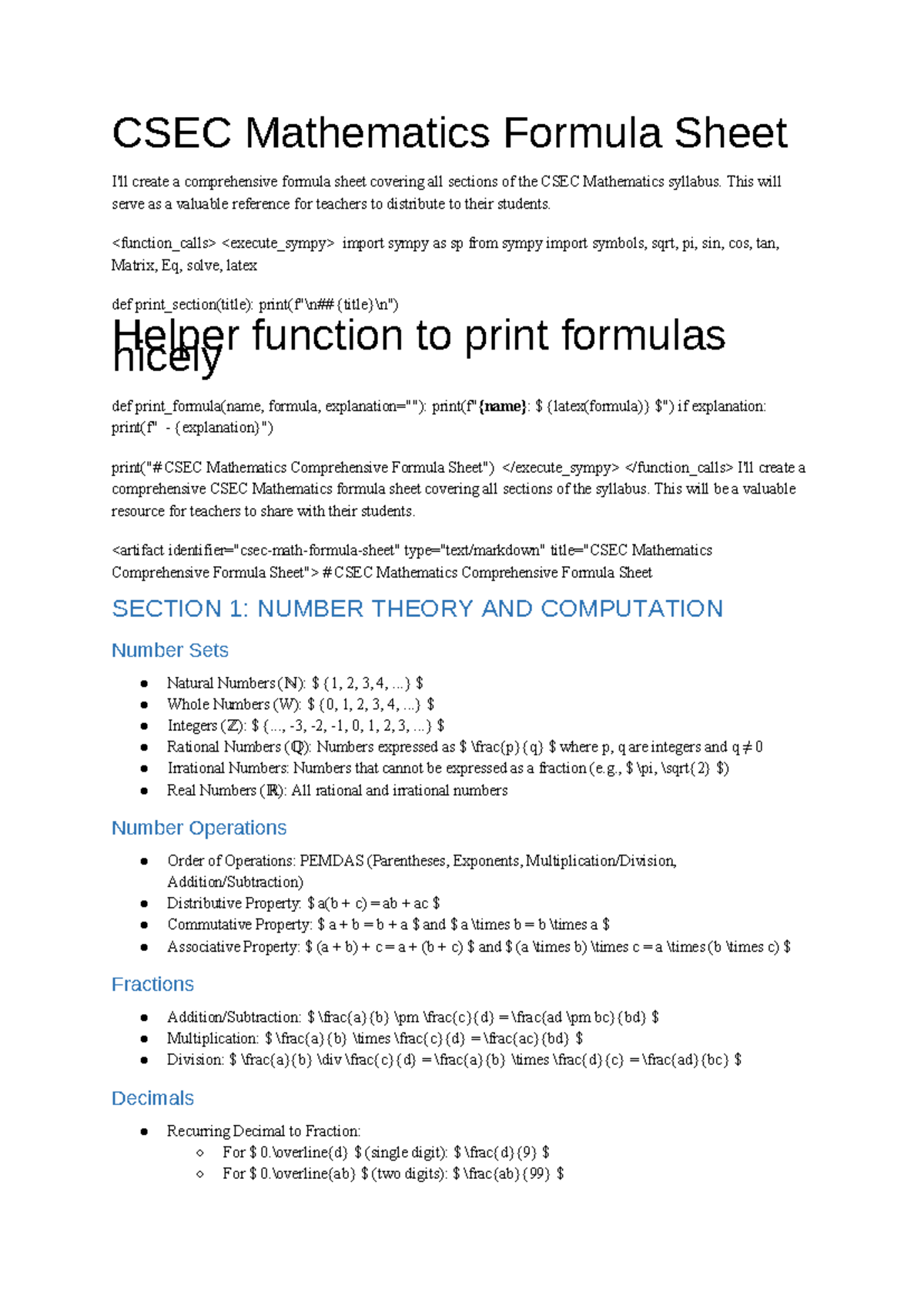 CSEC Mathematics Comprehensive Formula Sheet for All Sections - Studocu