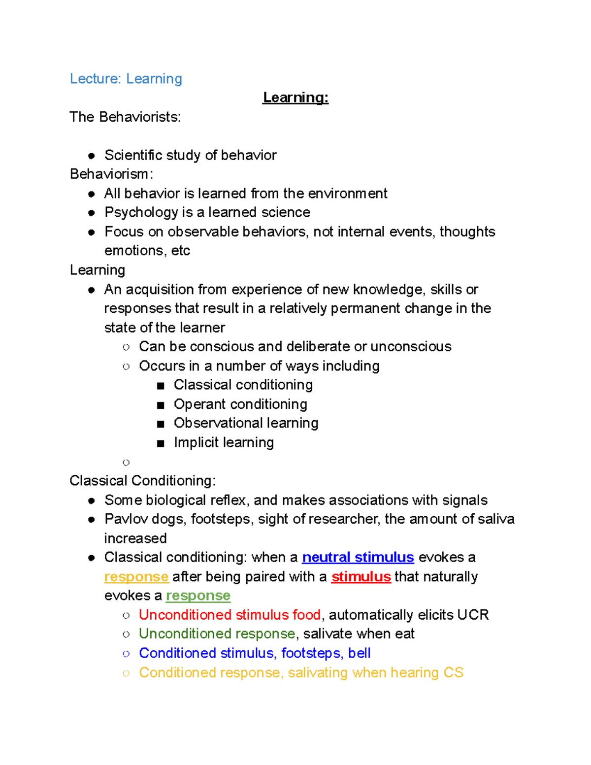 Psychology Lecture Notes: Learning & Conditioning Principles (PSY 101 ...