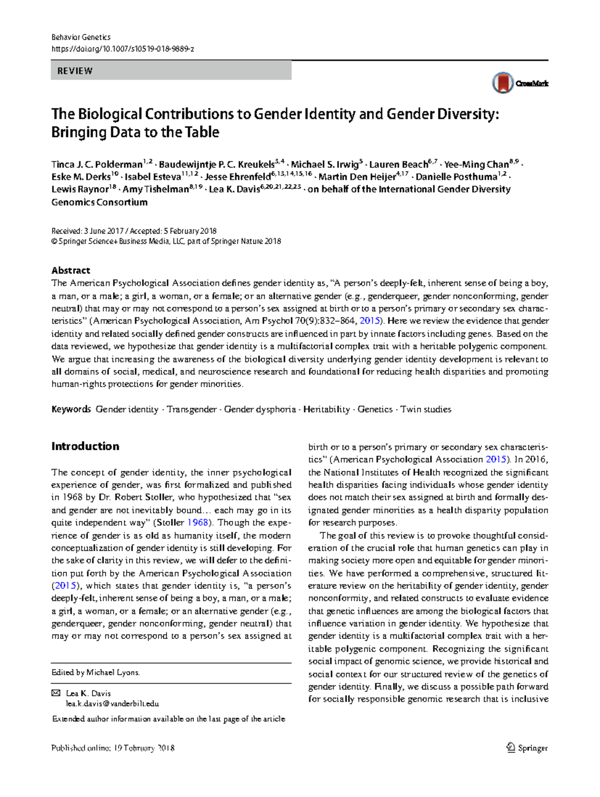 Behavior Genetics REVIEW: Biological Factors in Gender Identity (2018 ...