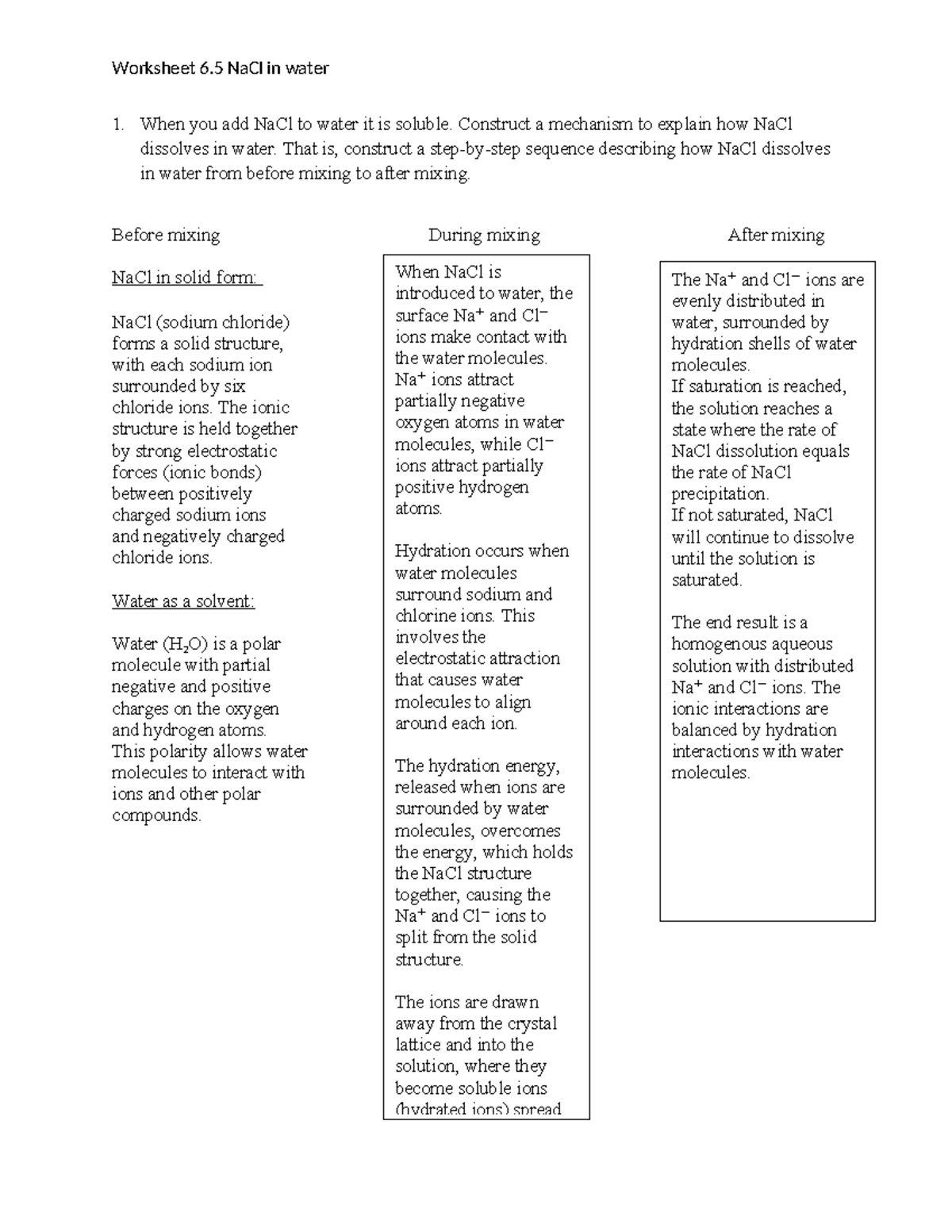 Worksheet 6.5: Mechanism of NaCl Dissolution in Water - Studocu