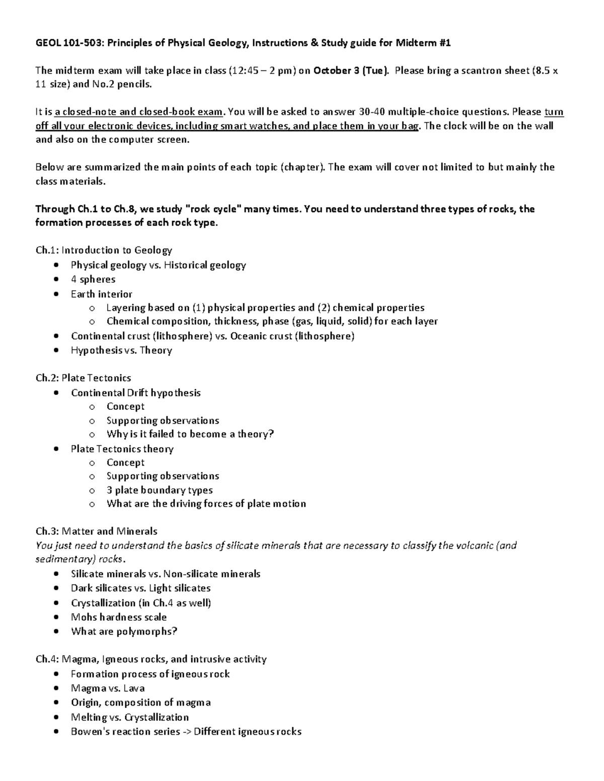 GEOL101-503 Midterm 1 Study Guide: Principles of Physical Geology - Studocu