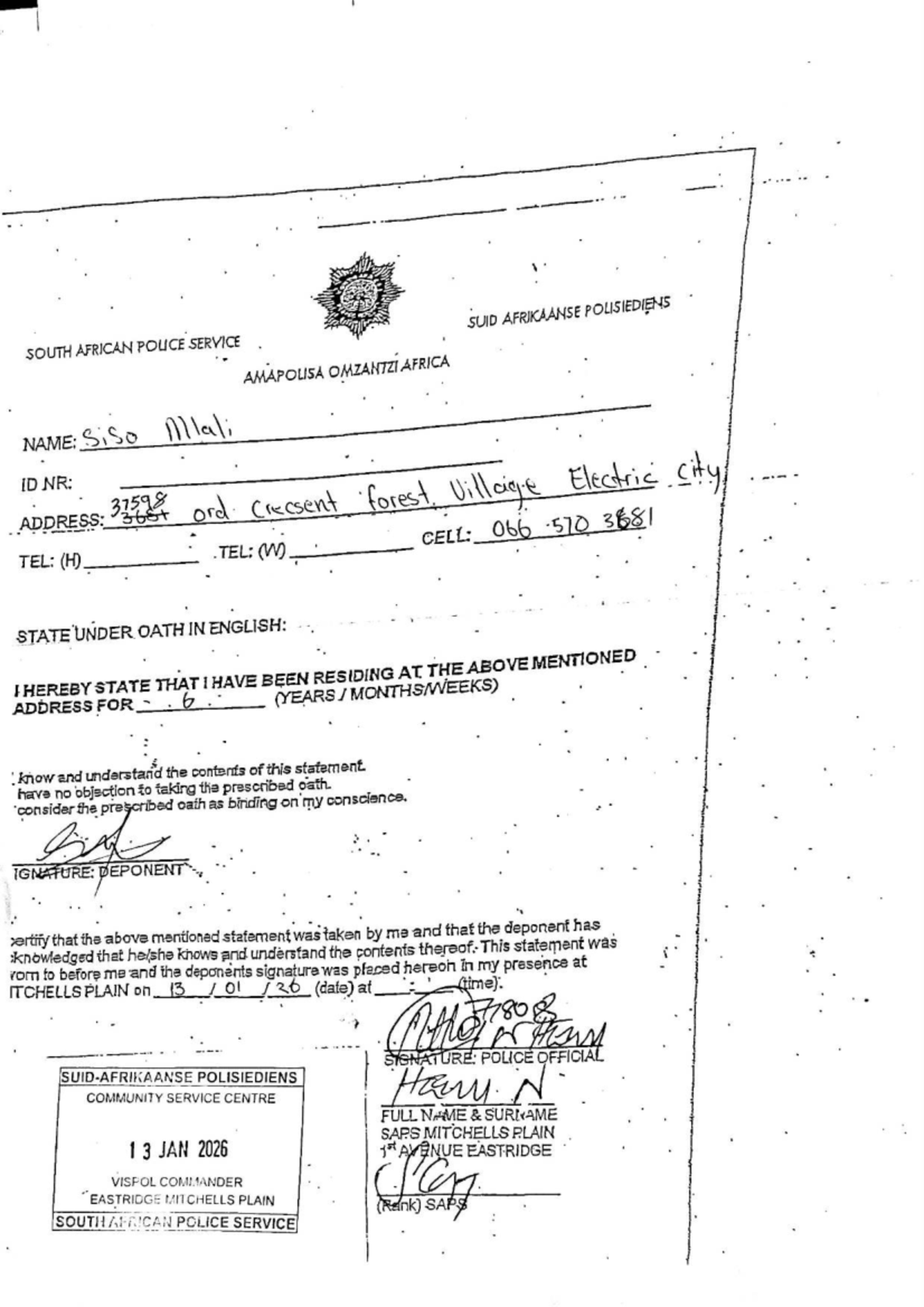Affidavit - South African Police Service (SAPS) Document - Studocu