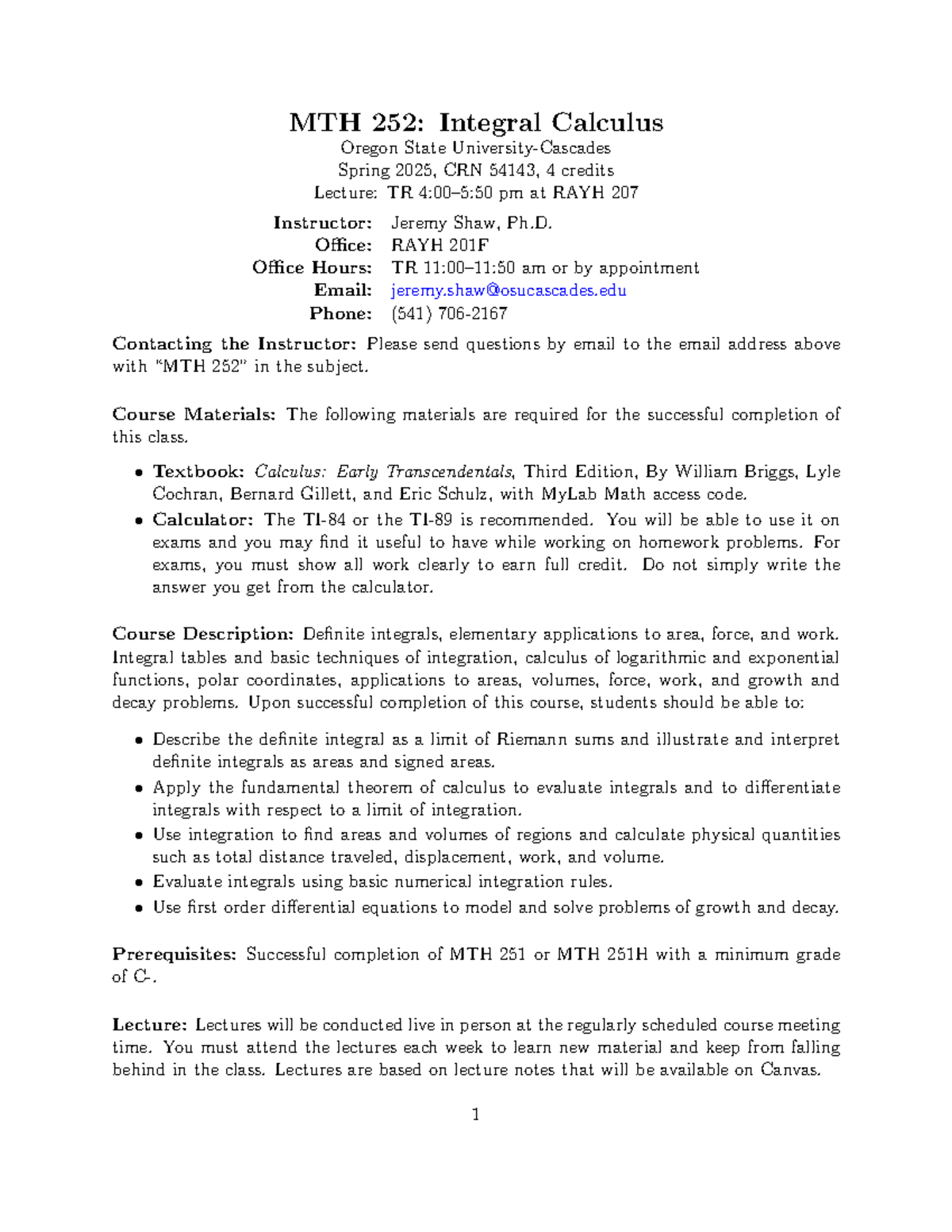 MTH 252: Integral Calculus Syllabus - Spring 2025 Overview - Studocu