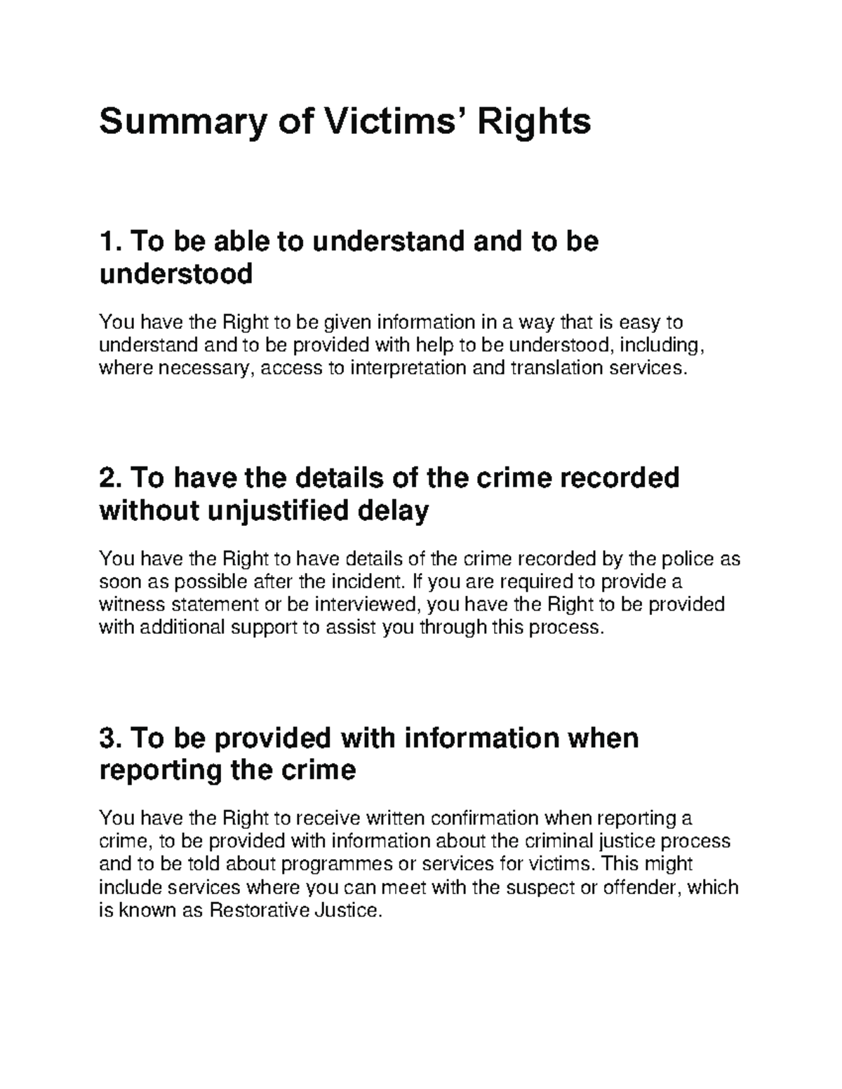 Victim - code - Summary of Victims’ Rights 1. To be able to understand ...