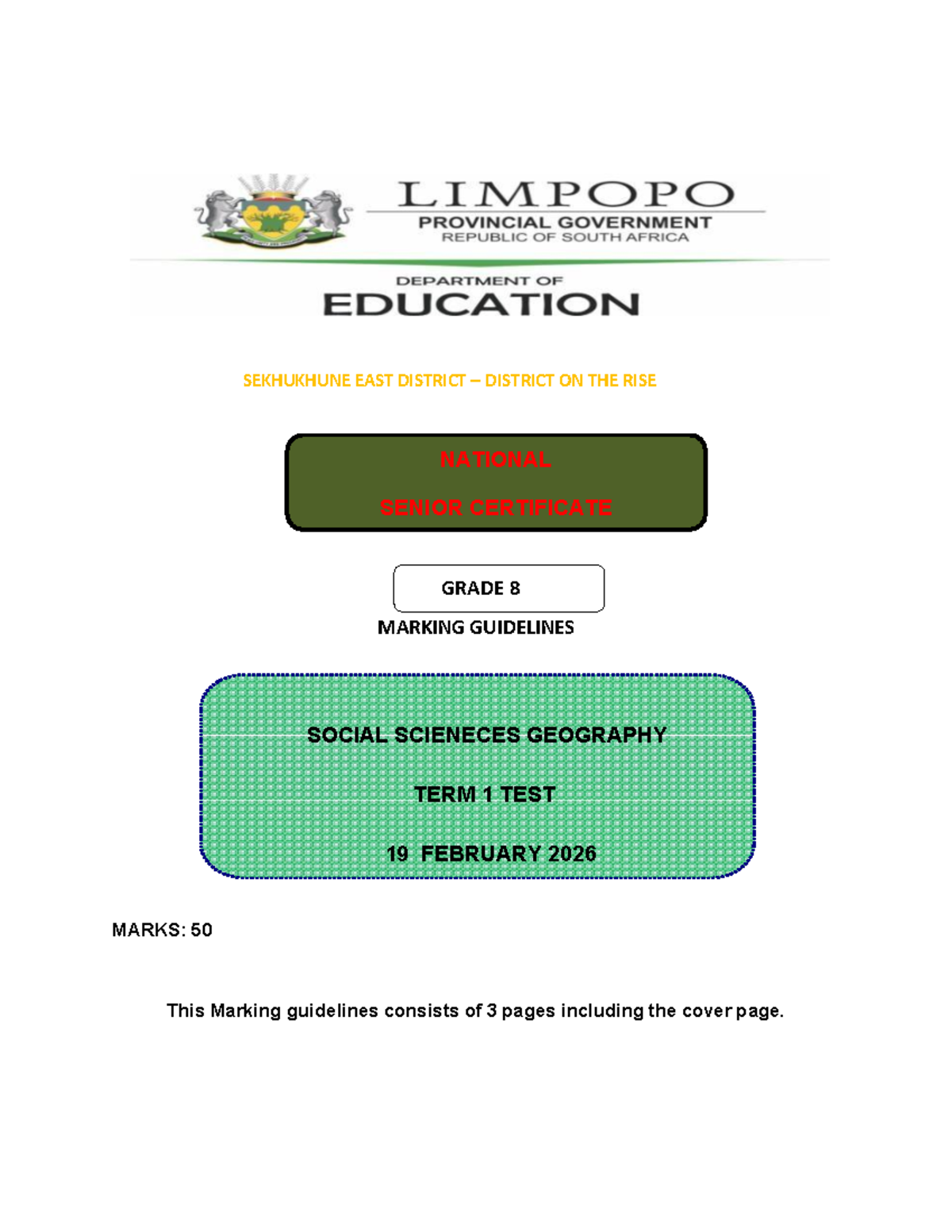 Grade 8 Geography Term 1 Test 2026 Marking Guidelines Memo - Studocu