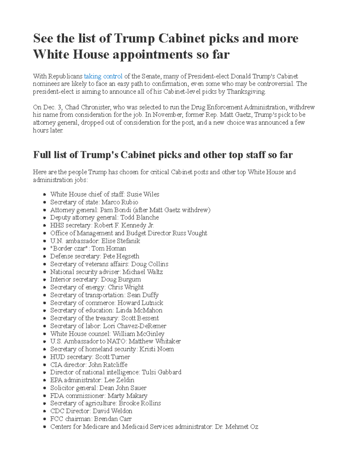 Trump cabinet - assignment - With Republicans taking control of the ...