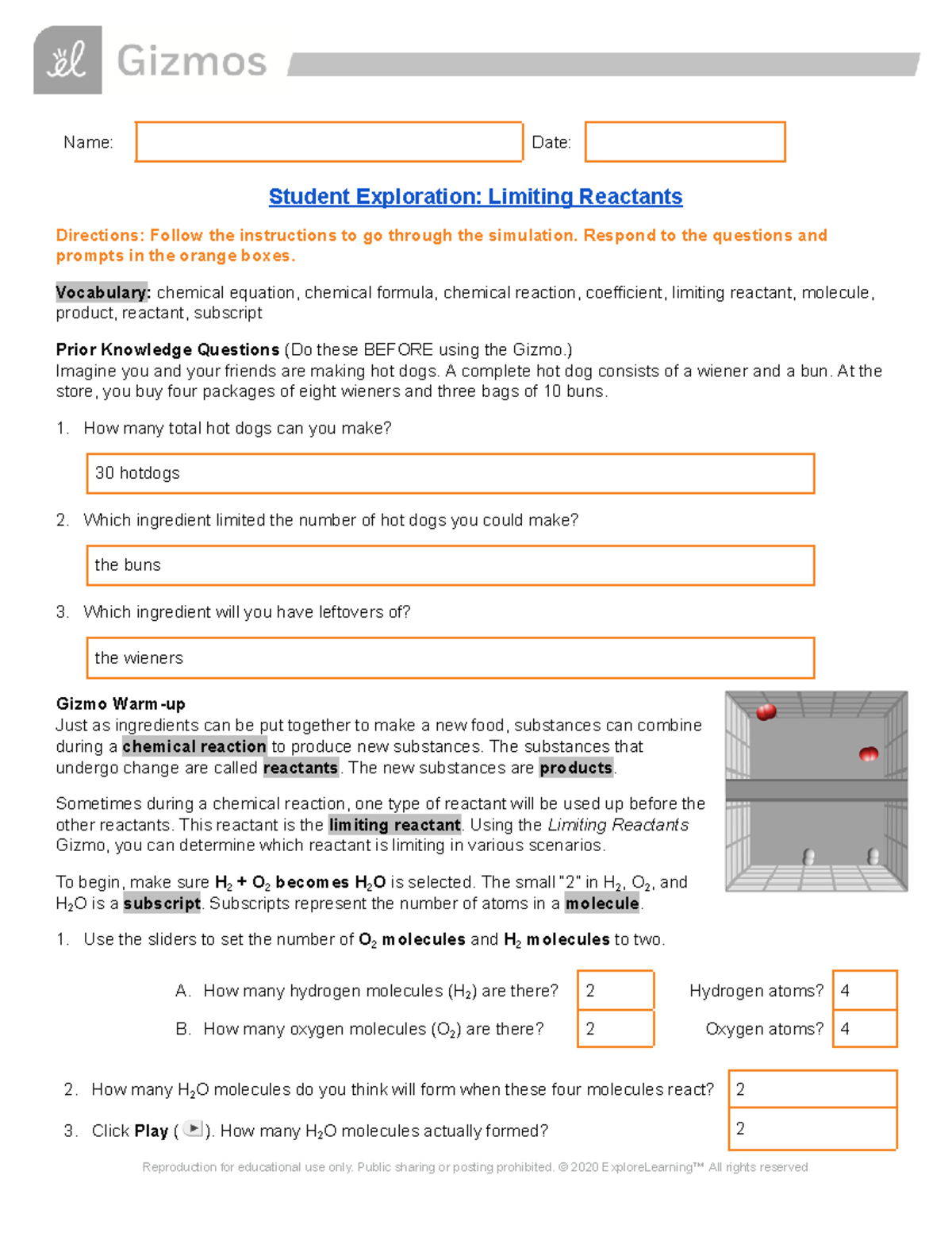 Gizmos Limiting Reactants Student Exploration Worksheet - Studocu