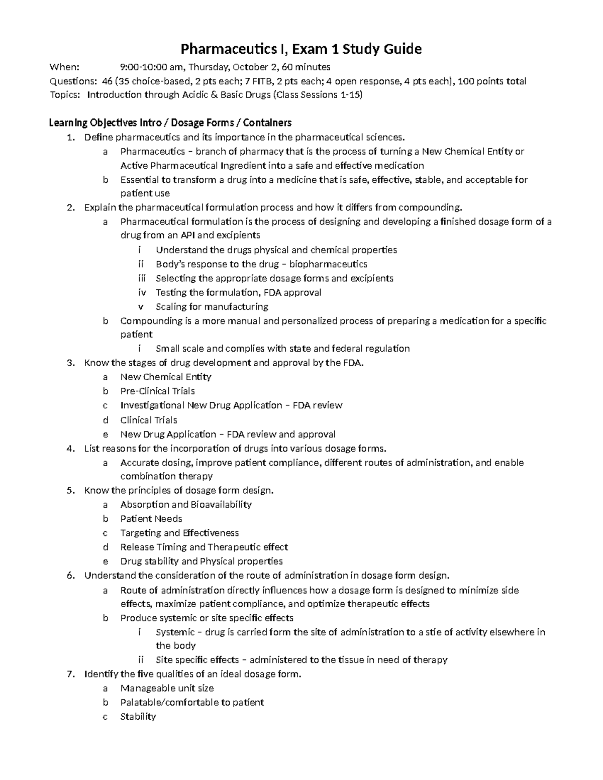 Pharmaceutics I (PHAR 101), Exam 1 Study Guide: Key Concepts ...