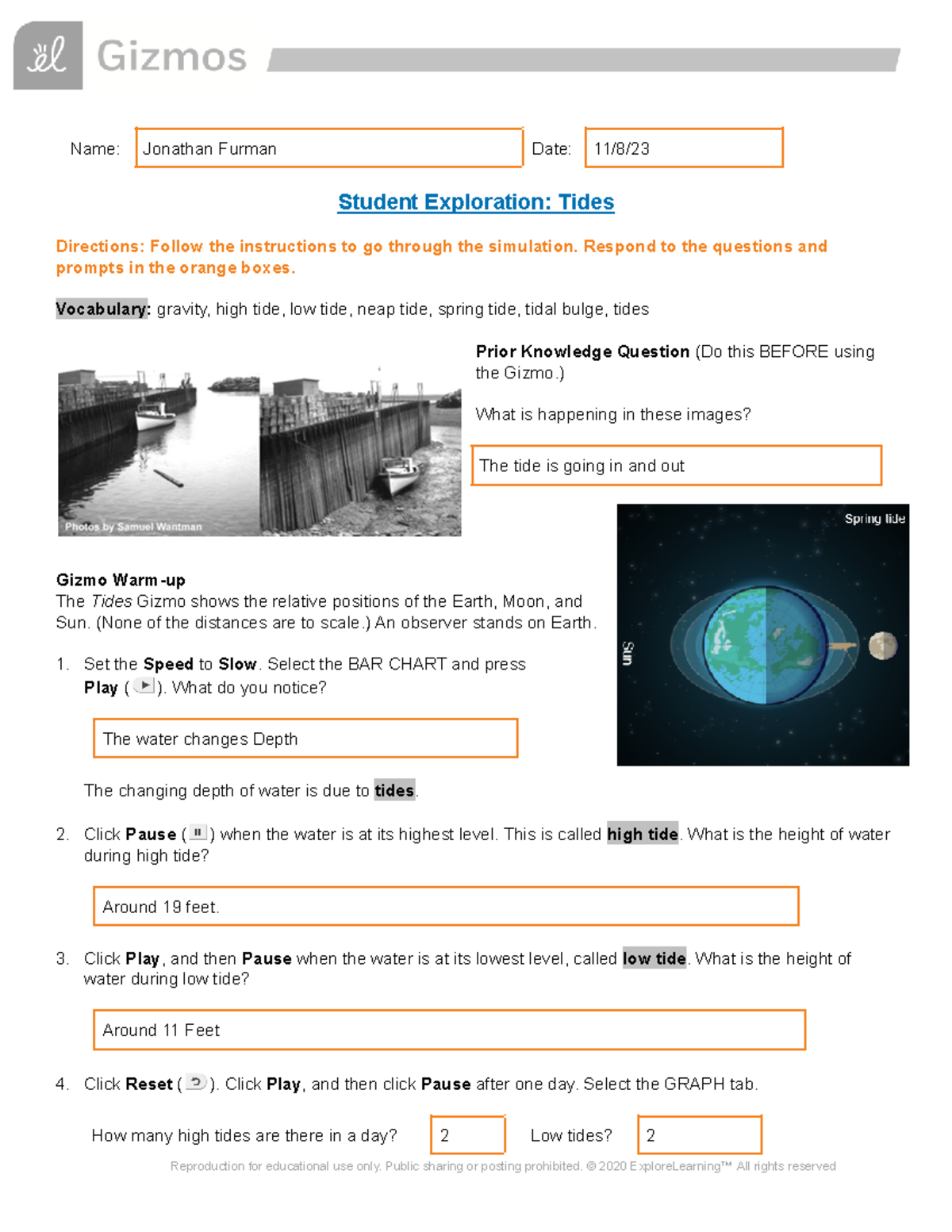 GizmosTides Worksheet for the Explorelearning Gizmo Tides Name Jonathan Furman Date 11