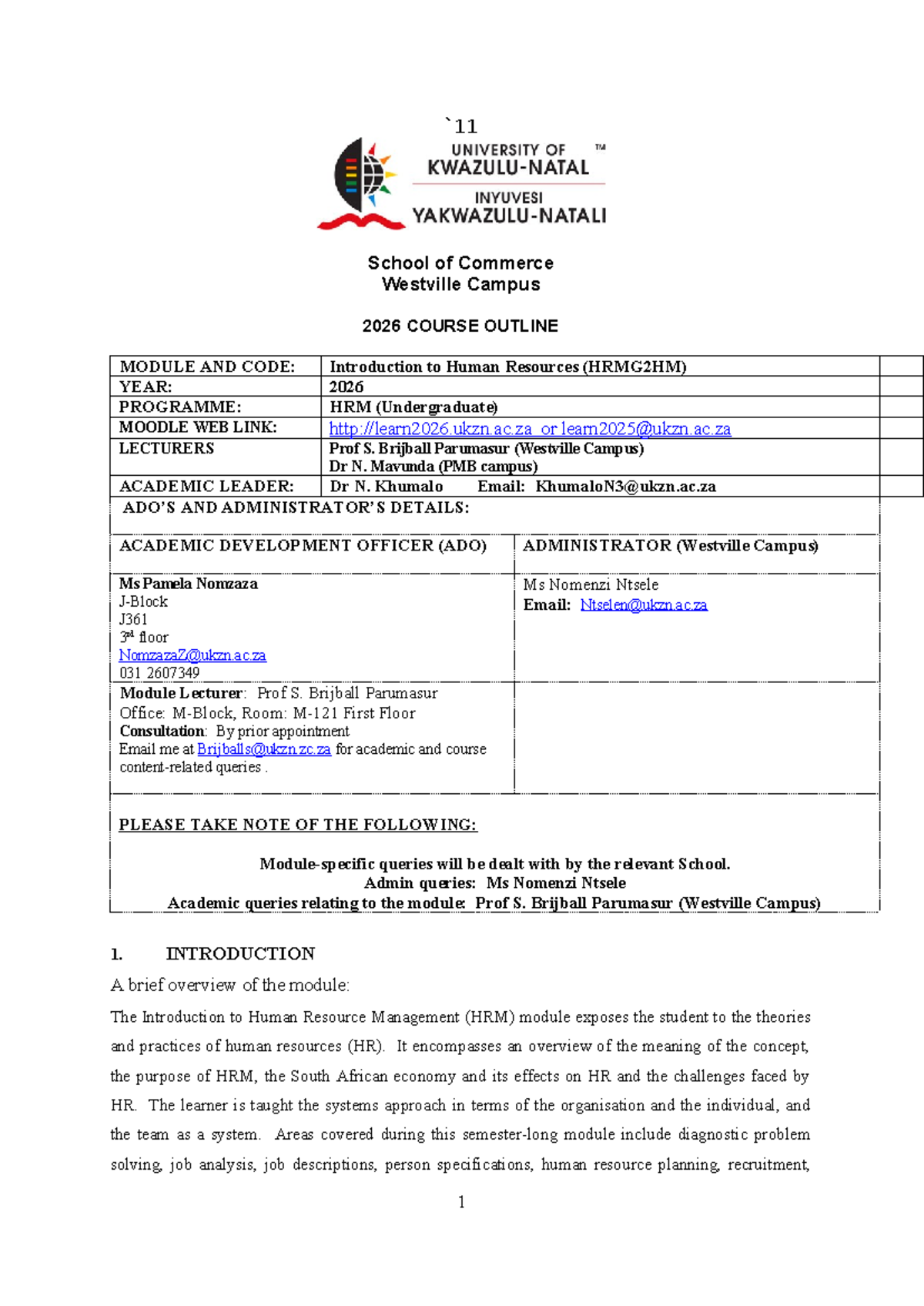 HRMG2HM Course Outline 2026: Introduction to Human Resources - Studocu