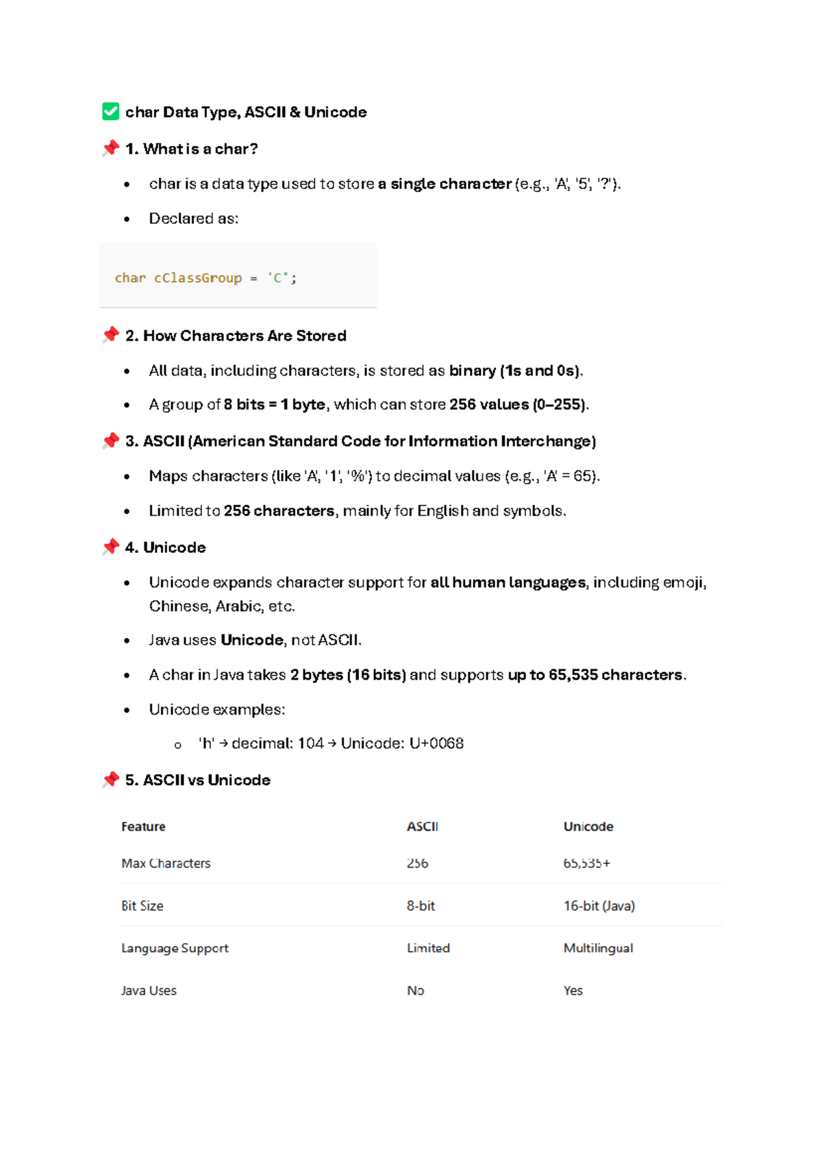 Char Data Type: Understanding ASCII and Unicode in Java - Studocu