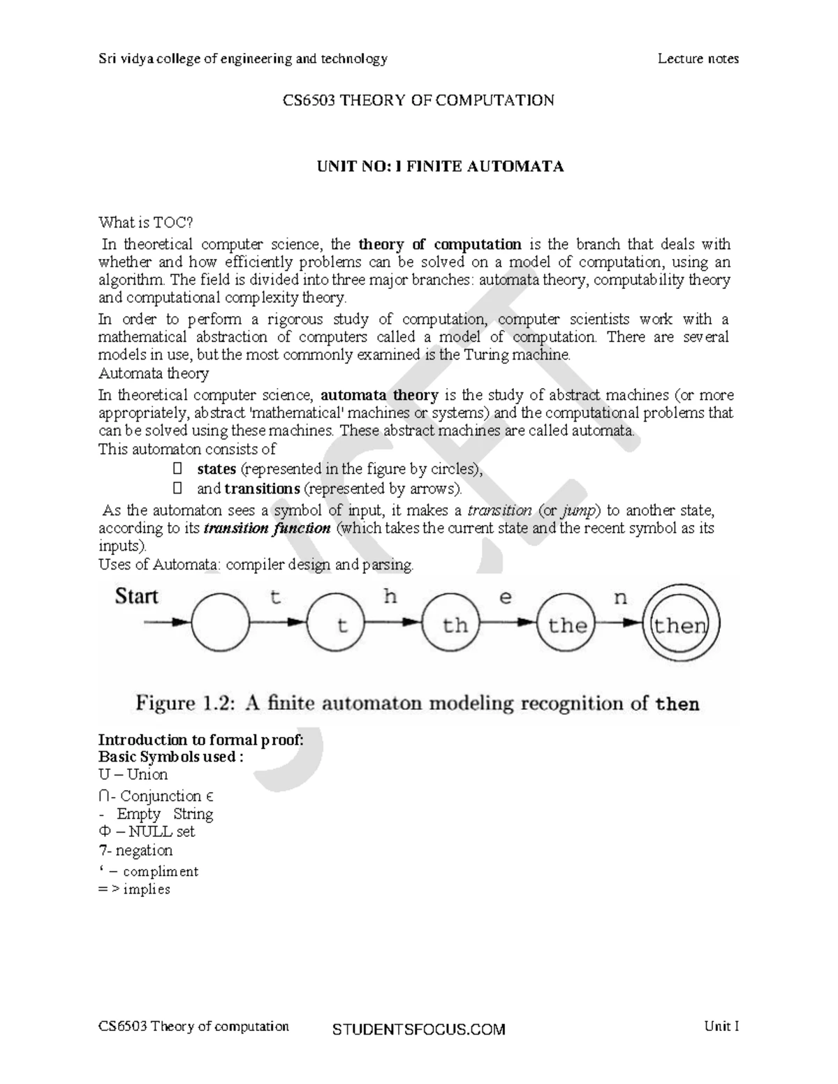 TOC CS101 Unit 1: Finite State Machines & Basic Set Theory Notes - Studocu
