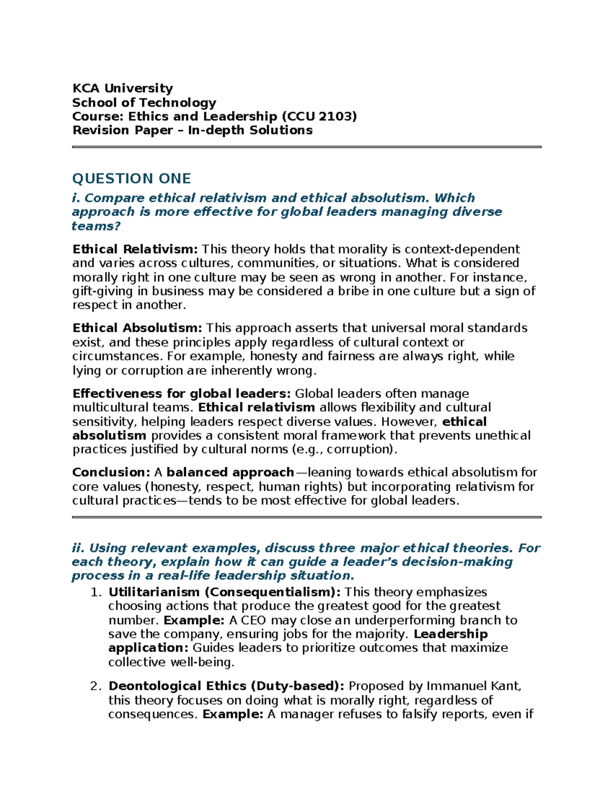 Ethics and Leadership Revision Paper Solutions (CCU 2103) - Studocu