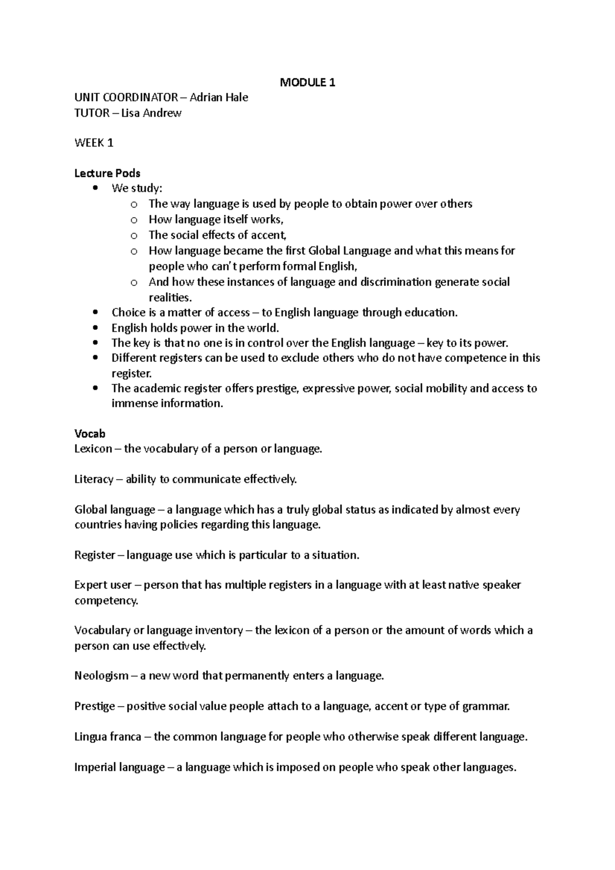 AR&W module 1 - MODULE 1 UNIT COORDINATOR – Adrian Hale TUTOR – Lisa ...