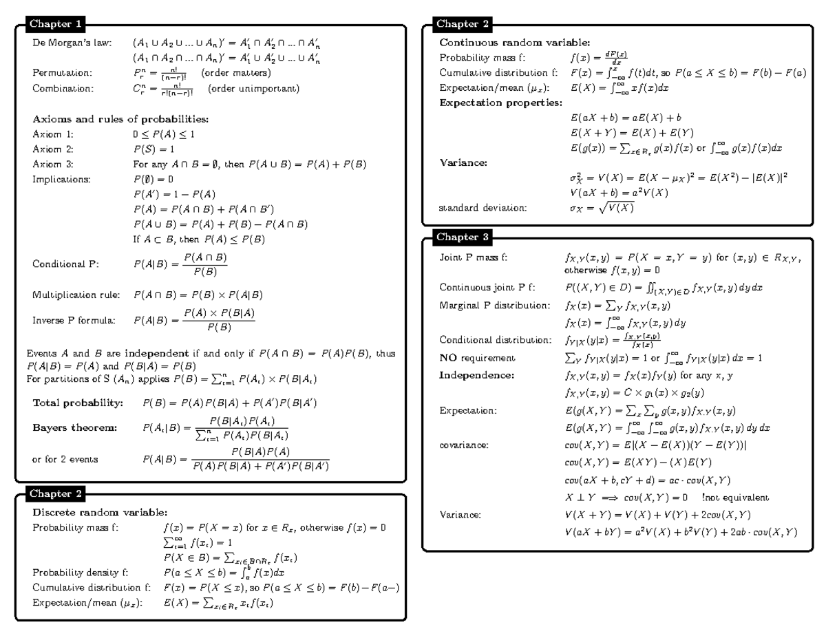 Statistics formula sheet mine - De Morgan’s law: (A 1 ∪ A 2 ∪ ... ∪ An ...