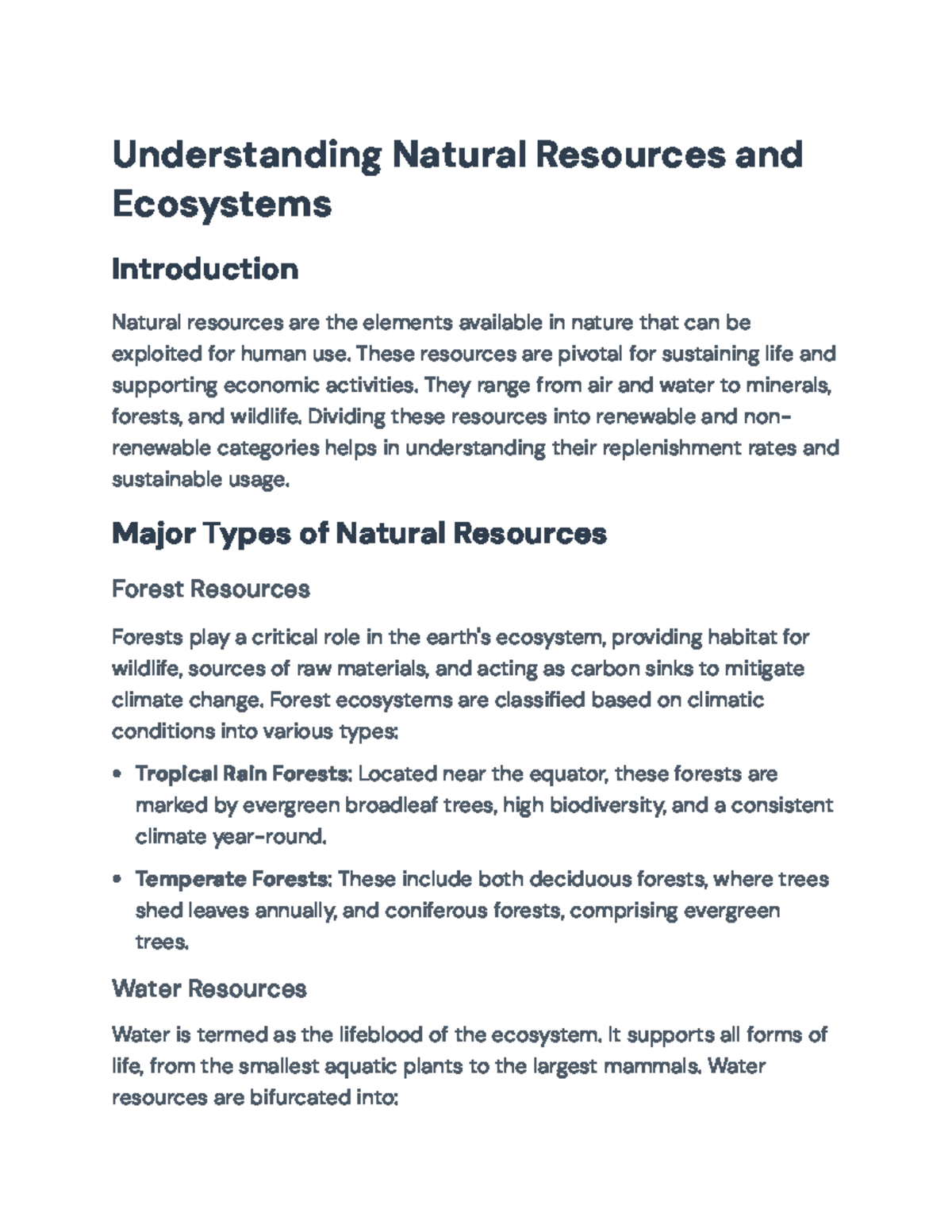 Natural Resources and Ecosystems Overview for Environmental Science ...