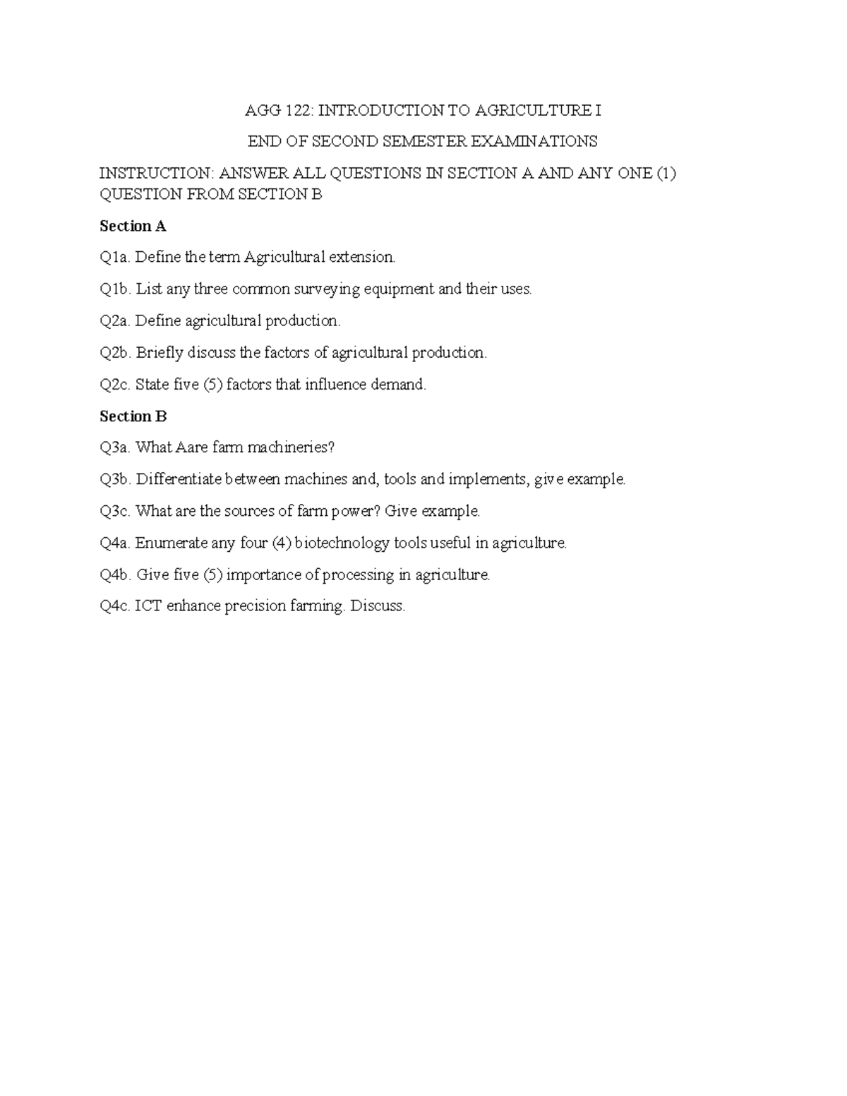 AGG 122 - Study Questions for Past Examinations in Agriculture I - Studocu