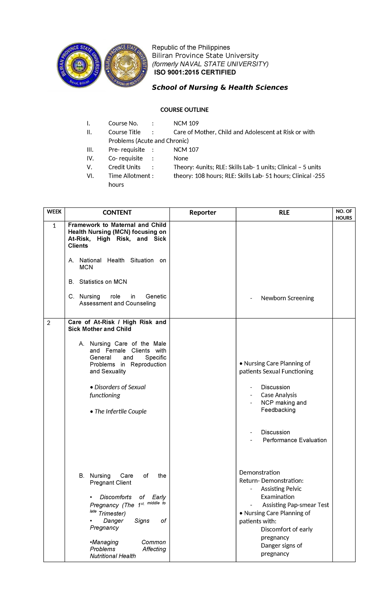 NCM 109 Course Outline: Care of Mother, Child & Adolescent at Risk ...